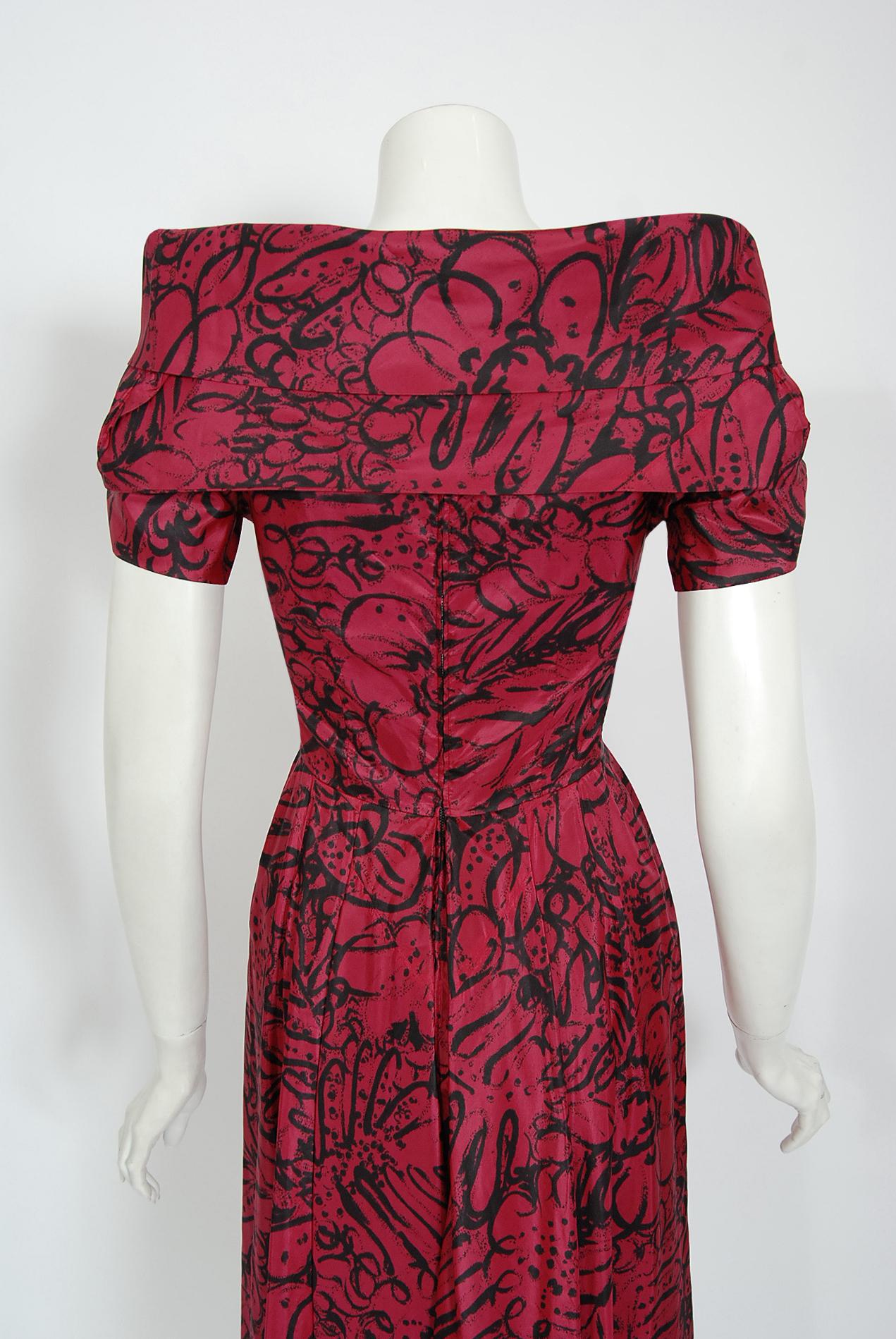 Vintage 1950's Worth Couture Shocking Pink Floral Print Silk Shawl-Collar Dress For Sale 4