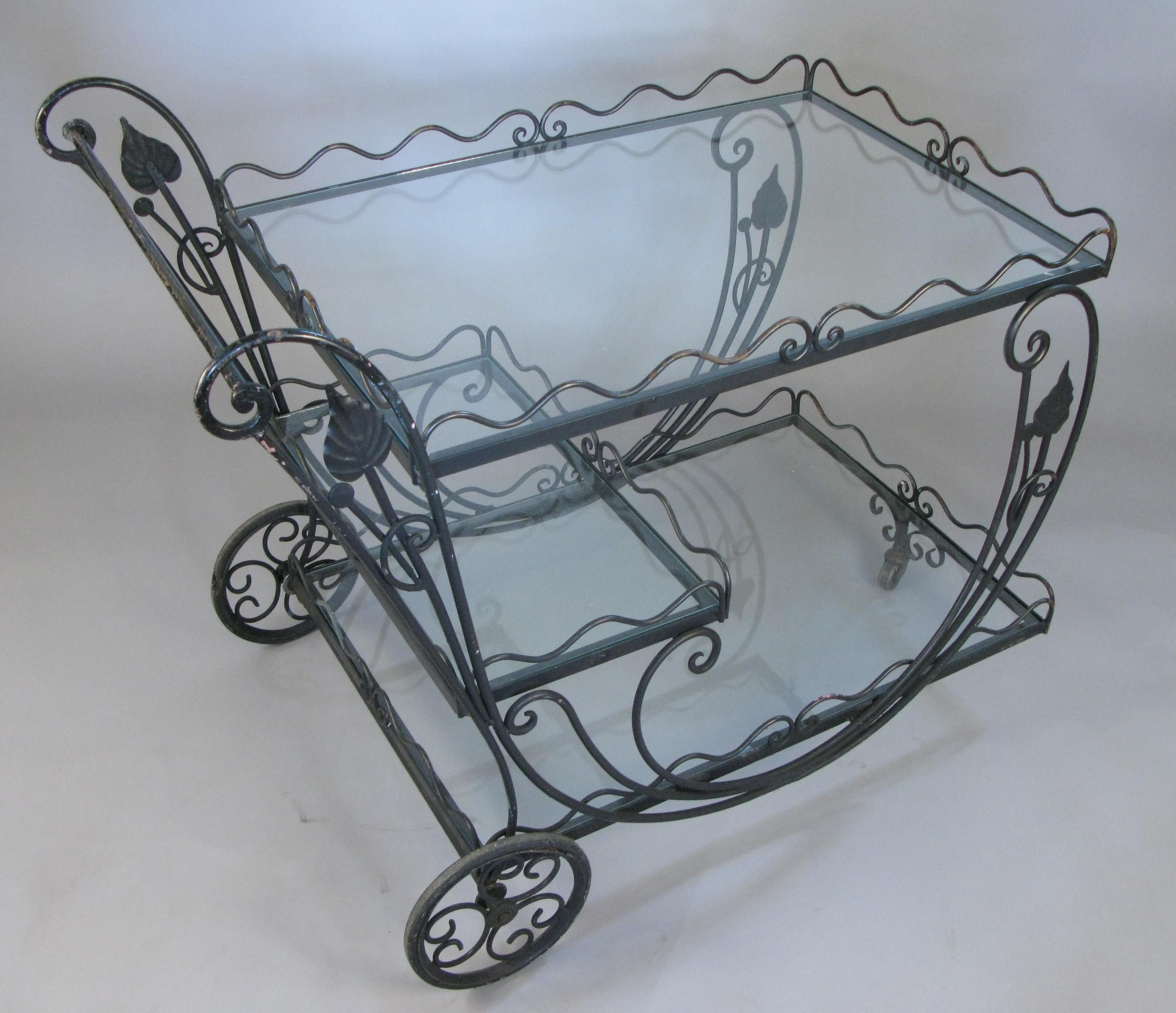 Vintage 1950s Wrought Iron Scroll Bar Cart In Good Condition In Hudson, NY
