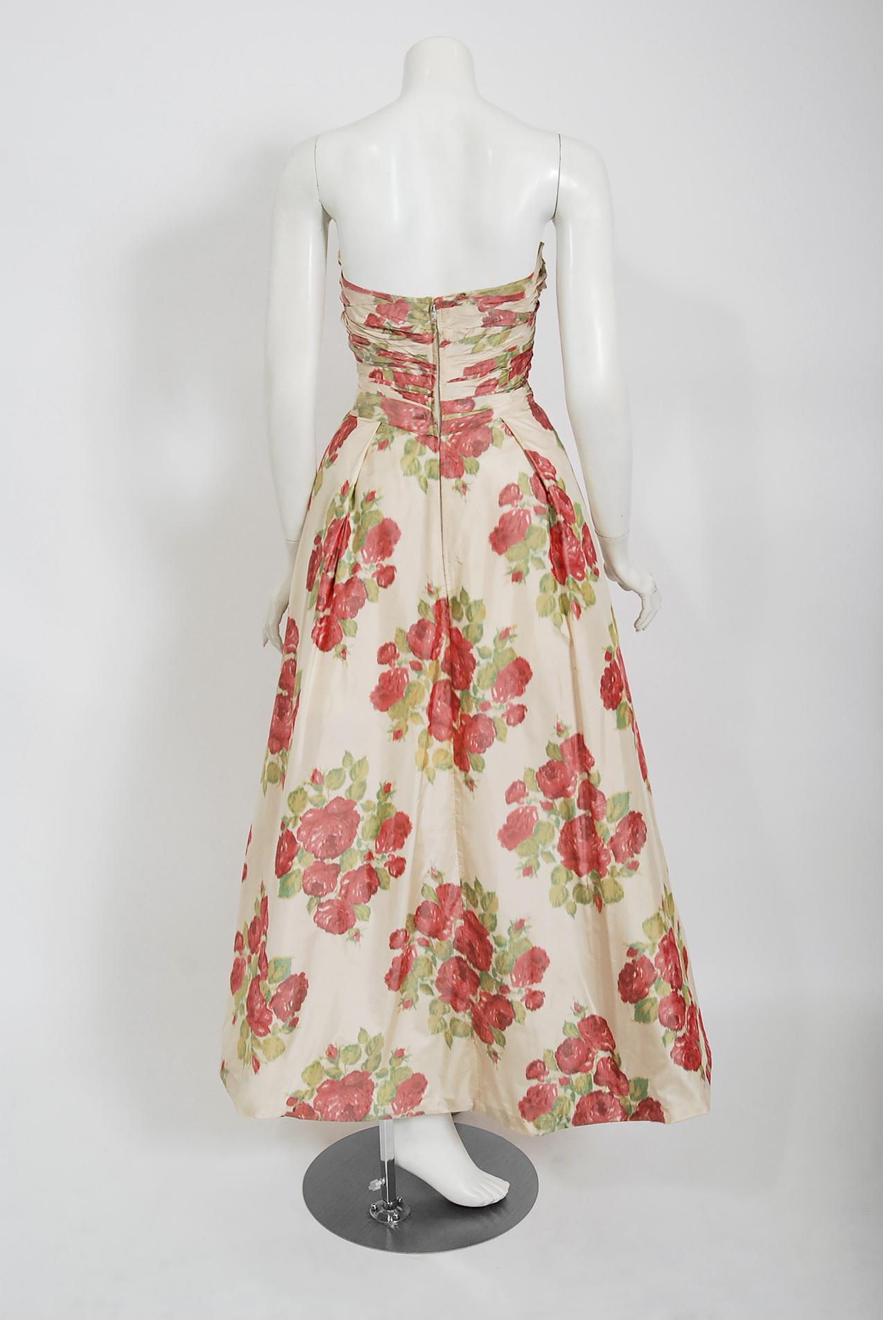 Vintage 1950's Yaga Plotast Couture Red-Roses Print Silk Sculpted Strapless Gown 3