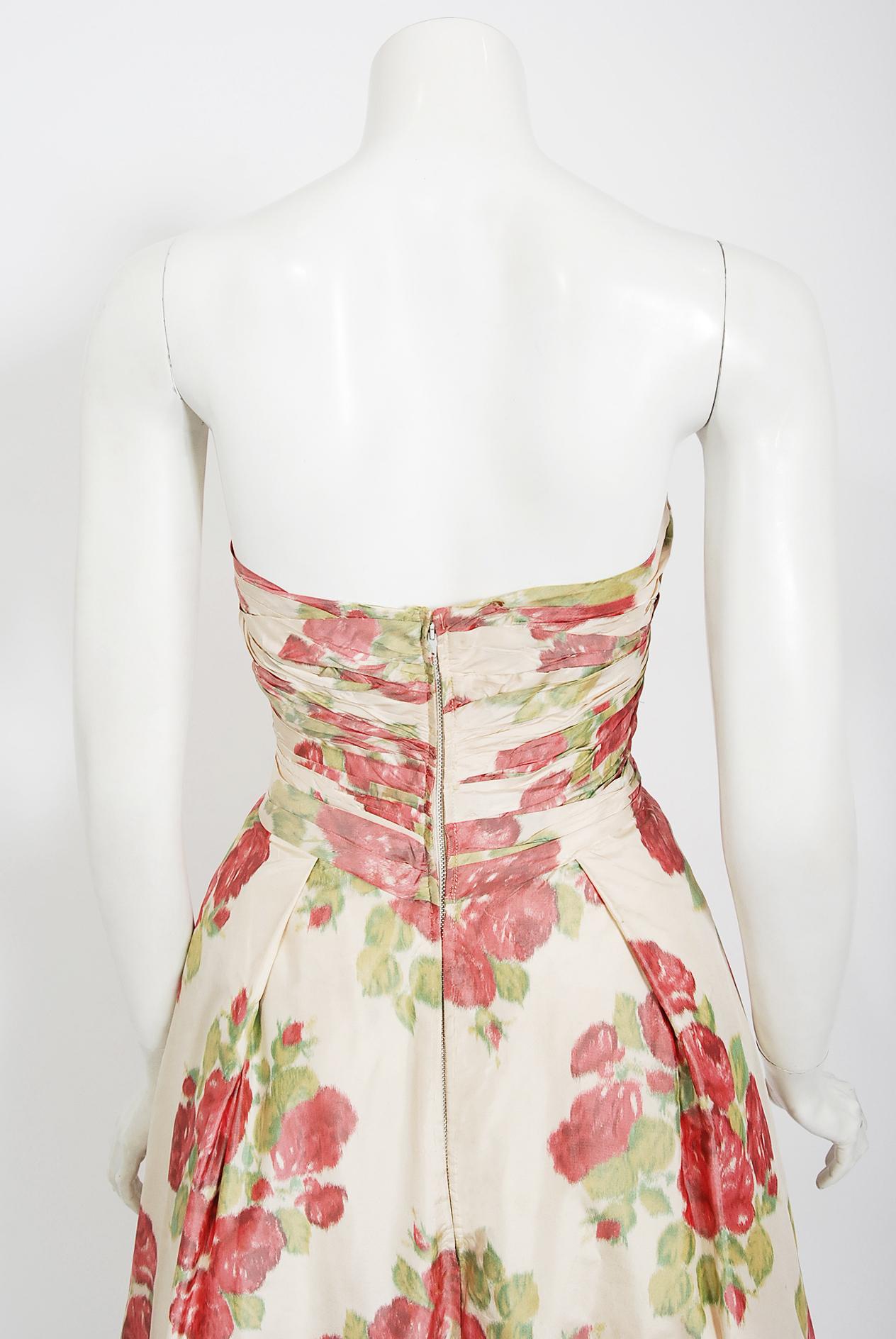 Vintage 1950's Yaga Plotast Couture Red-Roses Print Silk Sculpted Strapless Gown 4