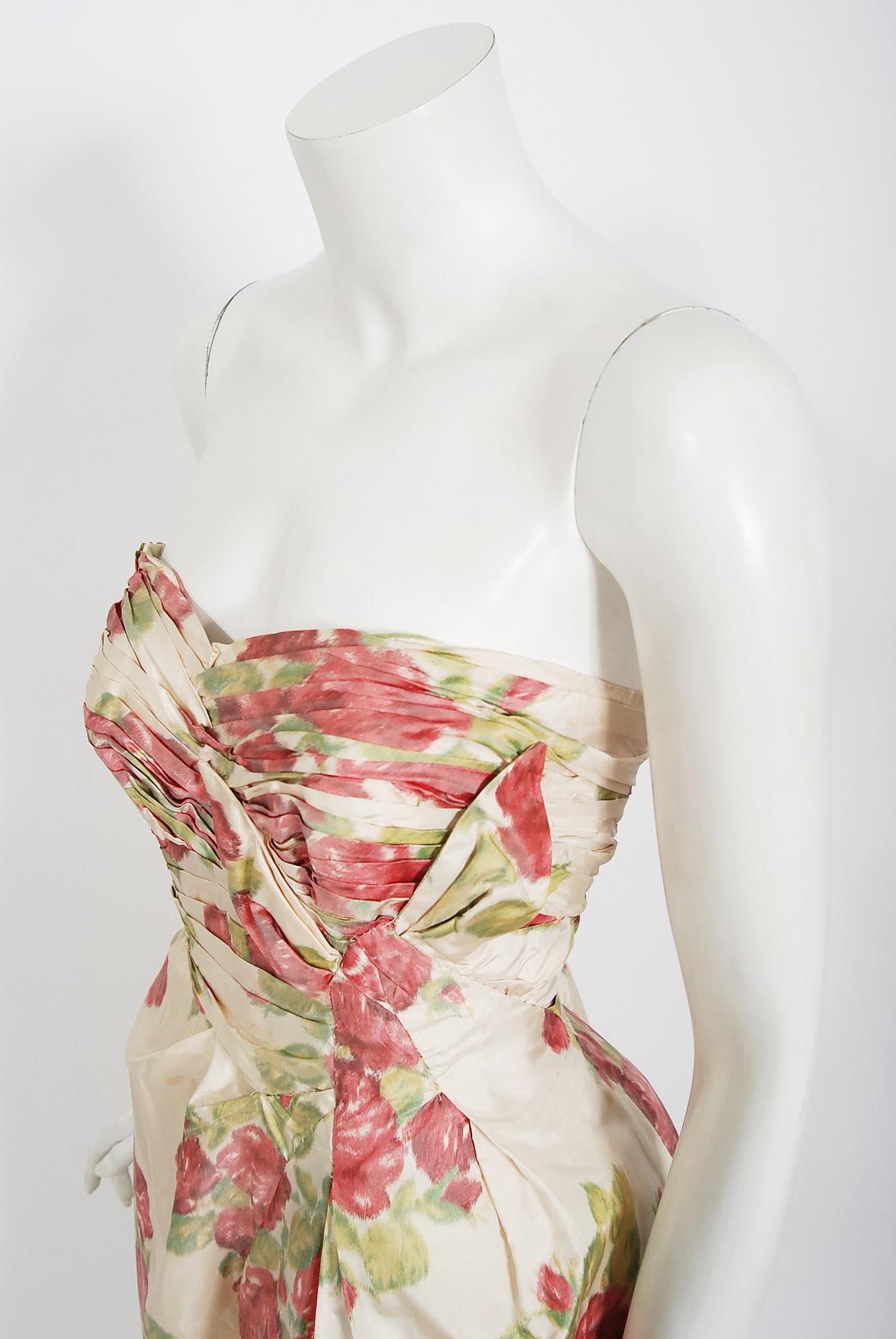 Beige Vintage 1950's Yaga Plotast Couture Red-Roses Print Silk Sculpted Strapless Gown