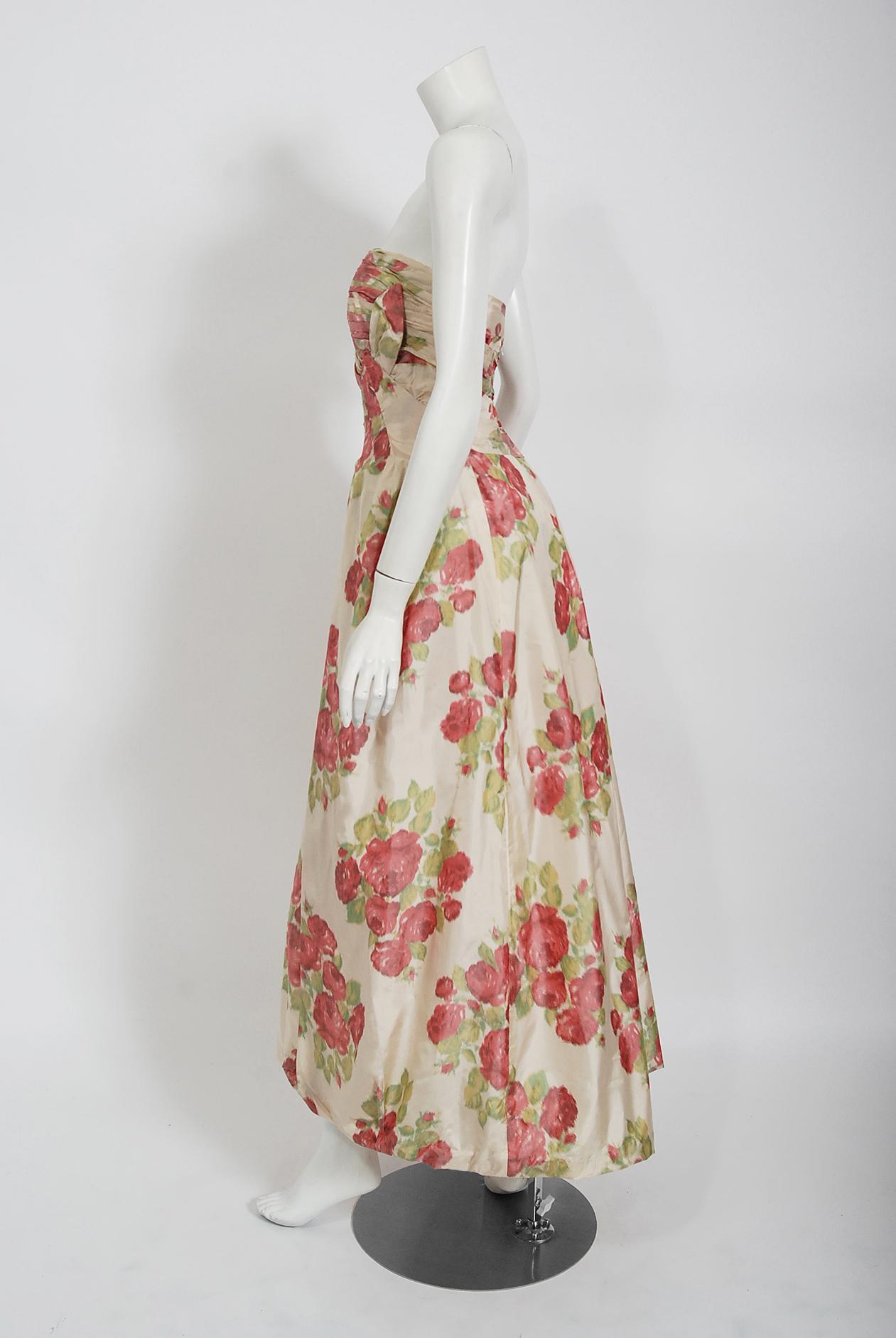 Women's Vintage 1950's Yaga Plotast Couture Red-Roses Print Silk Sculpted Strapless Gown