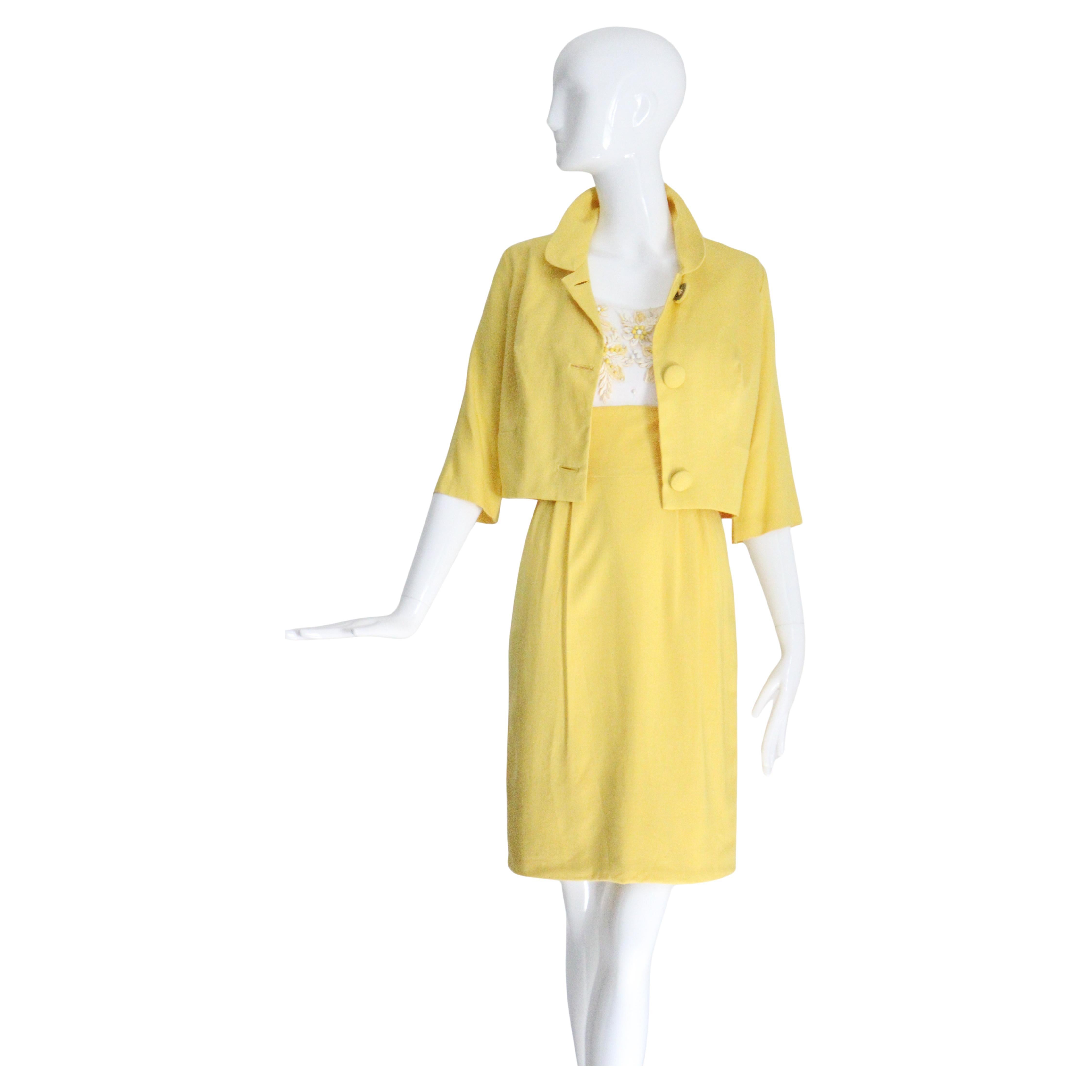 Vintage 1950's Yellow Dress and Jacket Set Lisbeth Wolfe Dress suit UK 6 US 2 For Sale