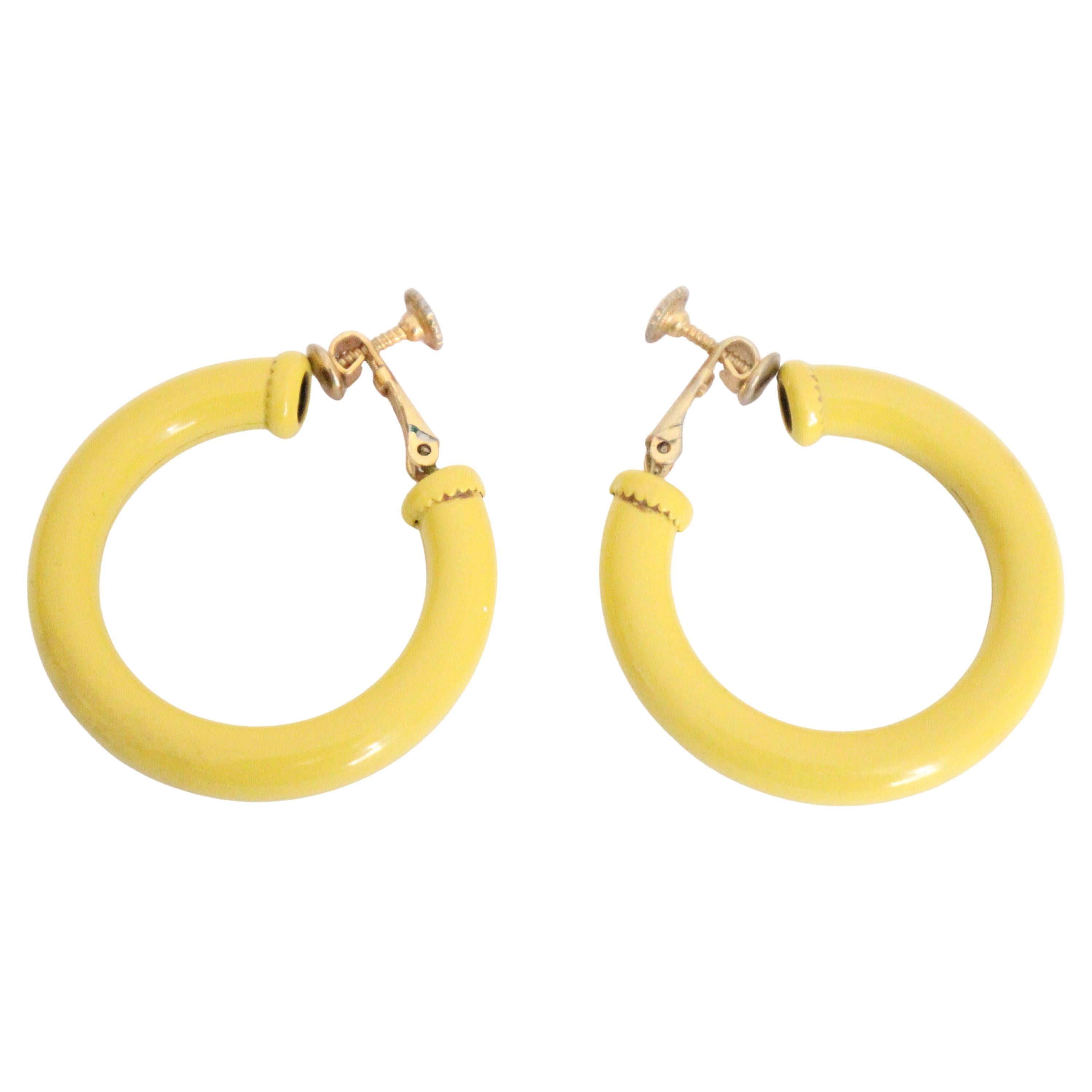 Vintage 1950's yellow enamel clip on hoops 1950's clip on hoop earrings yellow
