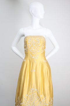 Vintage 1950's yellow satin embroidered cocktail dress strapless UK 6-8 US 2-4
