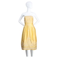 Vintage 1950's yellow satin embroidered cocktail dress strapless UK 6-8 US 2-4