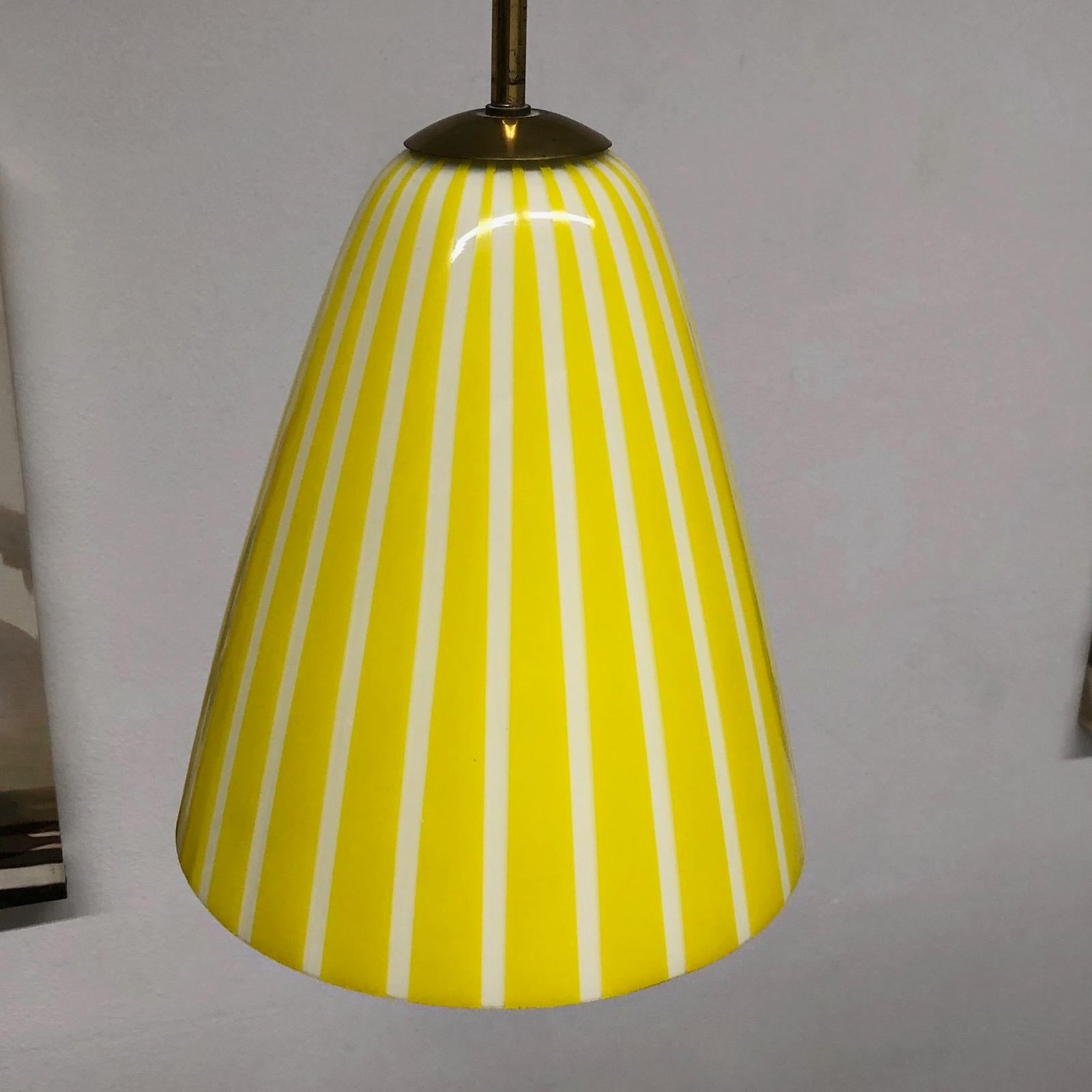 German Vintage 1950s Yellow White striped Glass Stilnovo Style Pendant Light For Sale