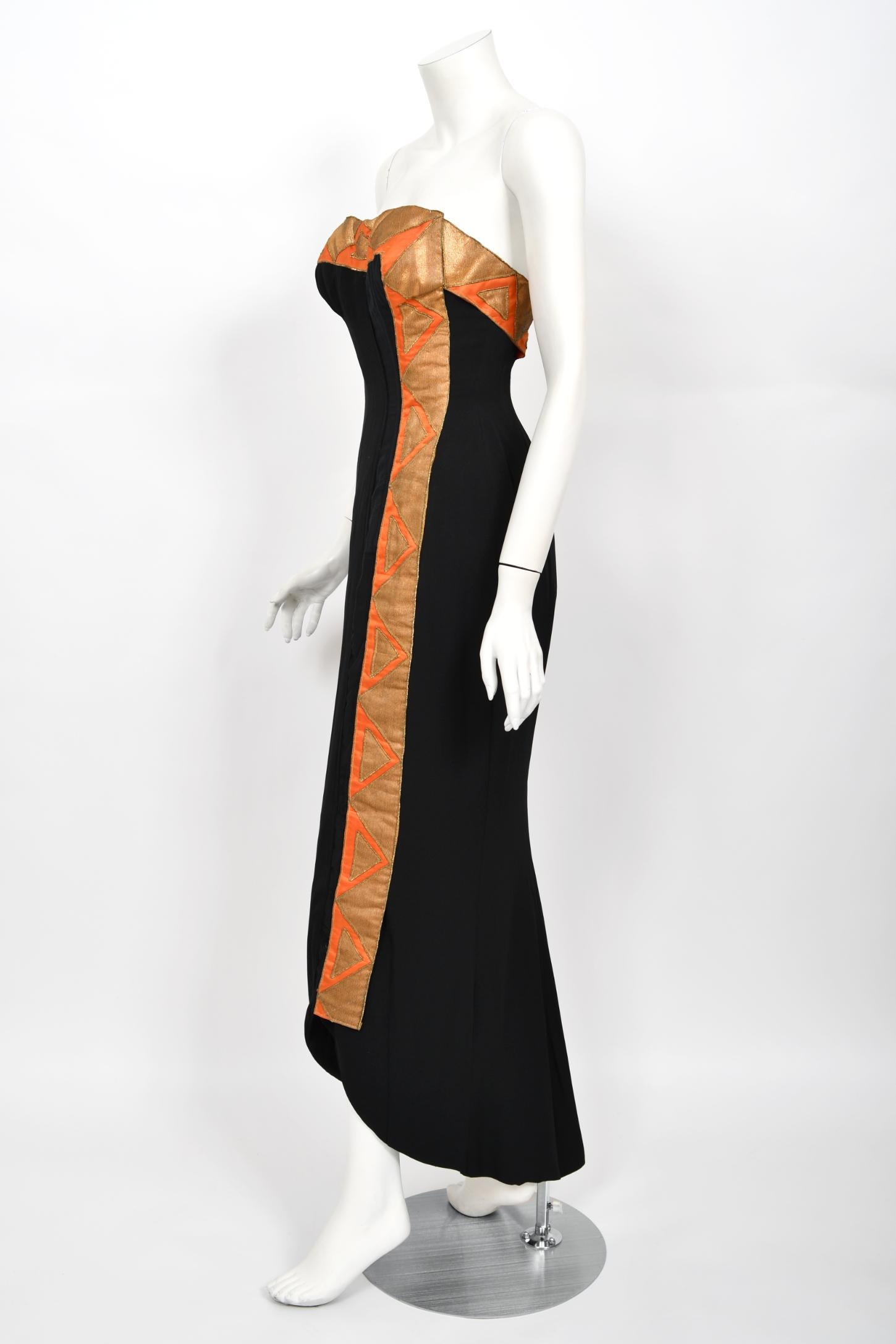 Vintage 1950s Yma Sumac Custom Couture Black Orange Silk Hourglass Gown Ensemble For Sale 10