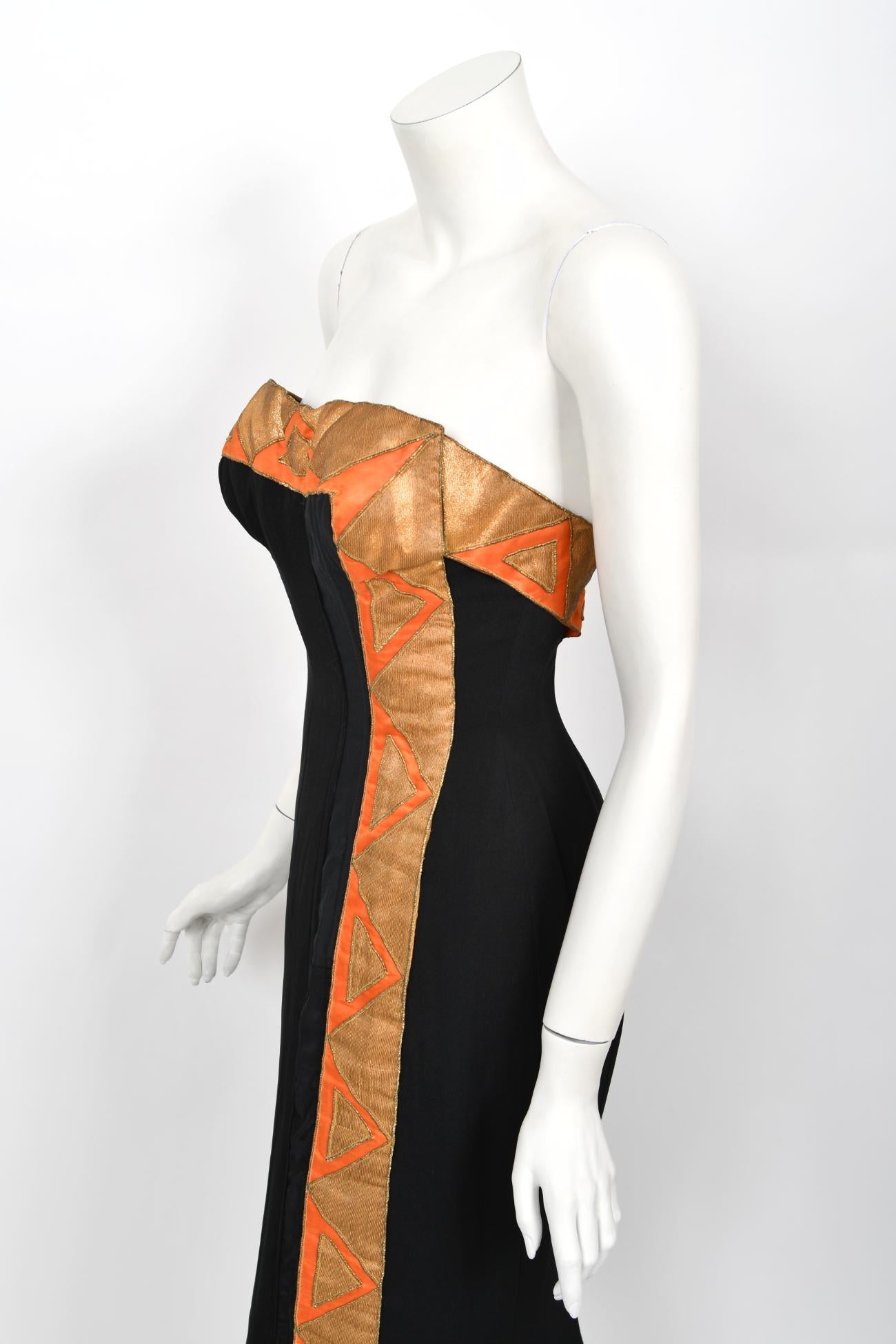 Vintage 1950s Yma Sumac Custom Couture Black Orange Silk Hourglass Gown Ensemble For Sale 11