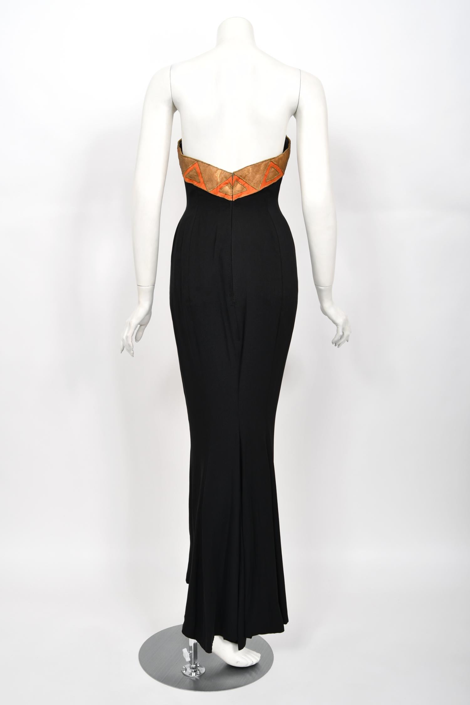 Vintage 1950s Yma Sumac Custom Couture Black Orange Silk Hourglass Gown Ensemble en vente 12