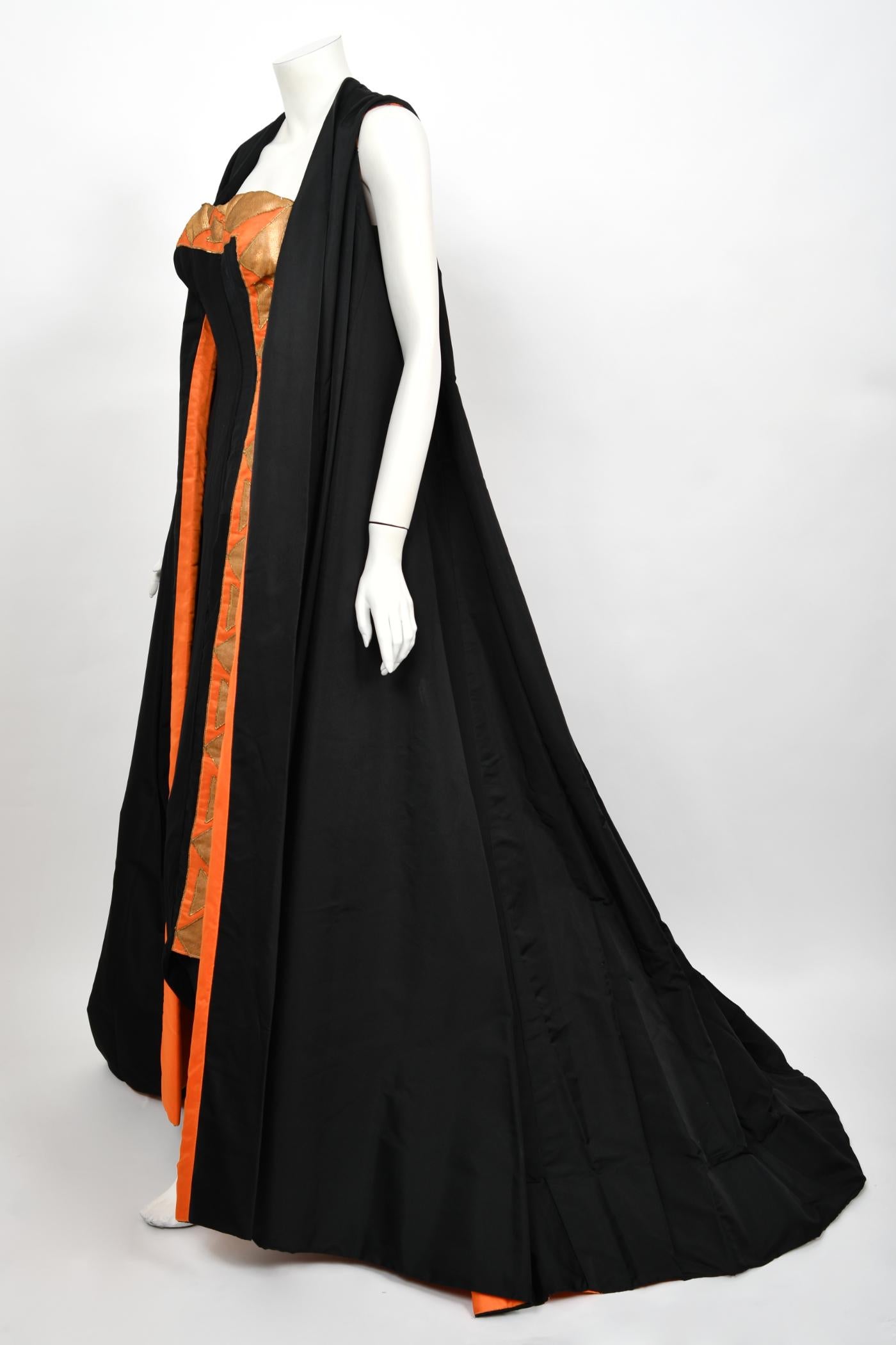 Vintage 1950s Yma Sumac Custom Couture Black Orange Silk Hourglass Gown Ensemble For Sale 13