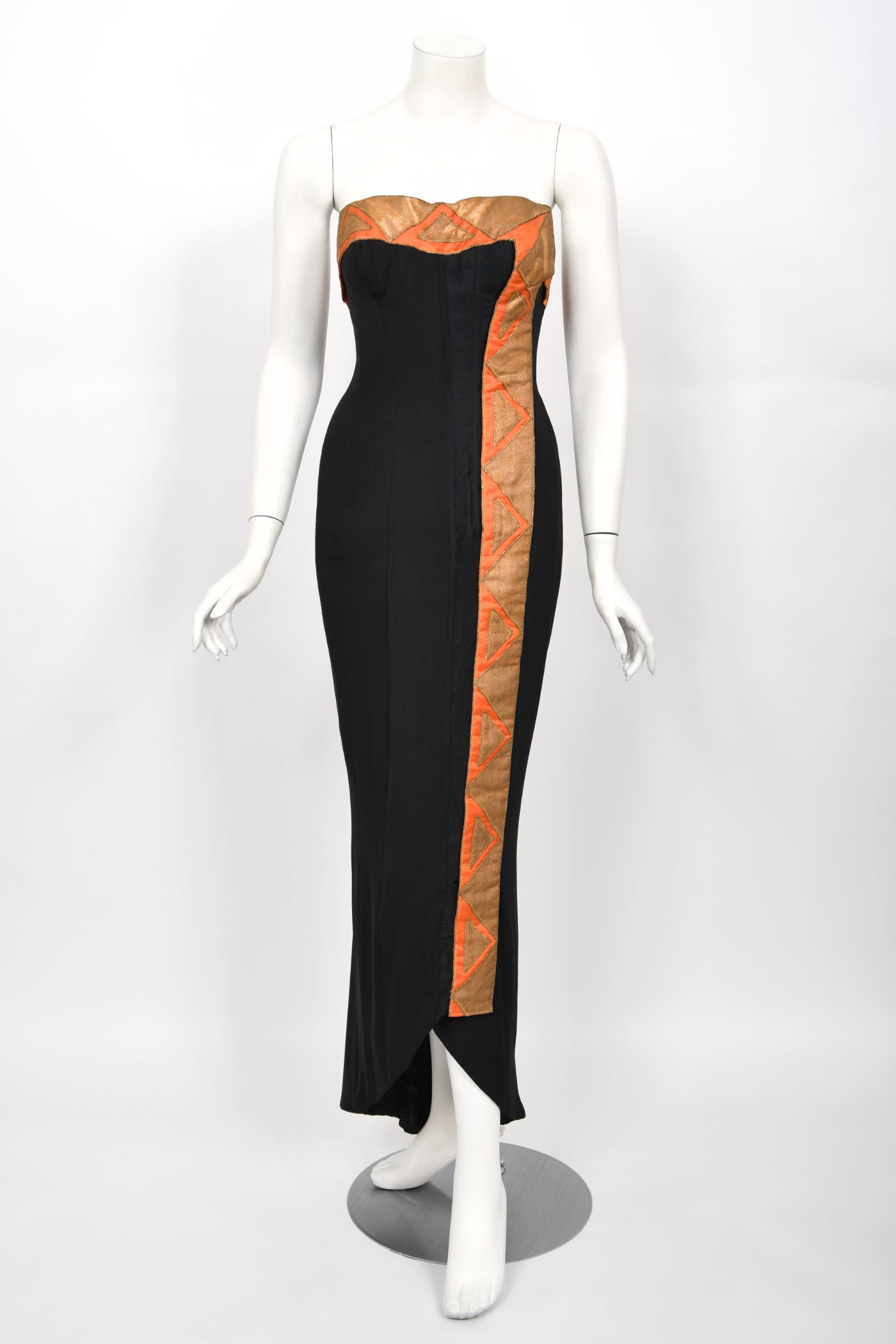 Vintage 1950s Yma Sumac Custom Couture Black Orange Silk Hourglass Gown Ensemble For Sale 2