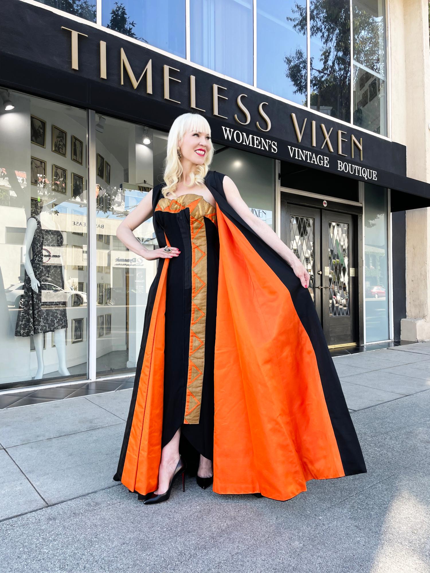 Women's Vintage 1950s Yma Sumac Custom Couture Black Orange Silk Hourglass Gown Ensemble For Sale