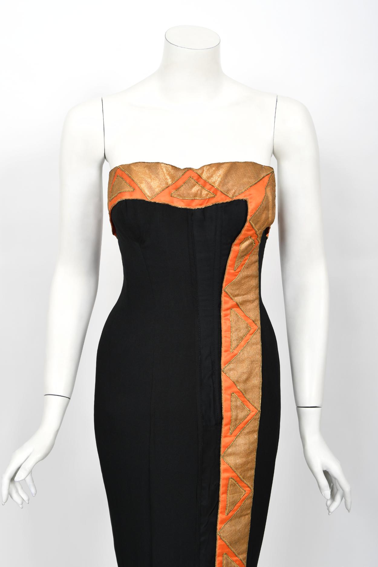 Vintage 1950s Yma Sumac Custom Couture Black Orange Silk Hourglass Gown Ensemble For Sale 3