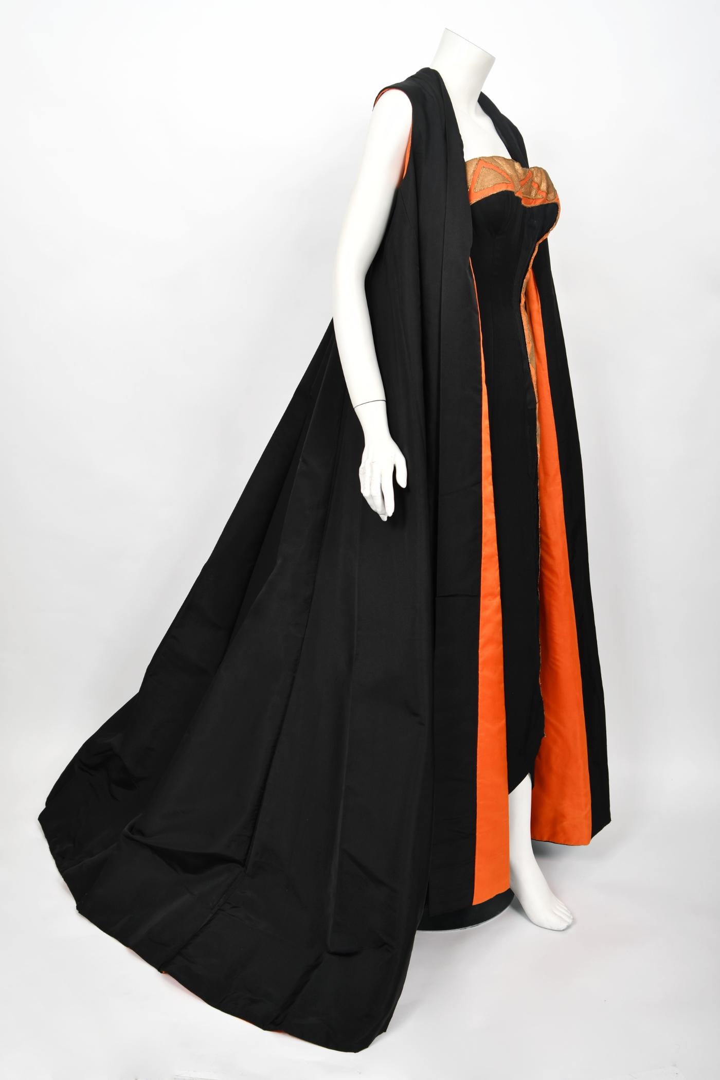 Vintage 1950s Yma Sumac Custom Couture Black Orange Silk Hourglass Gown Ensemble For Sale 4