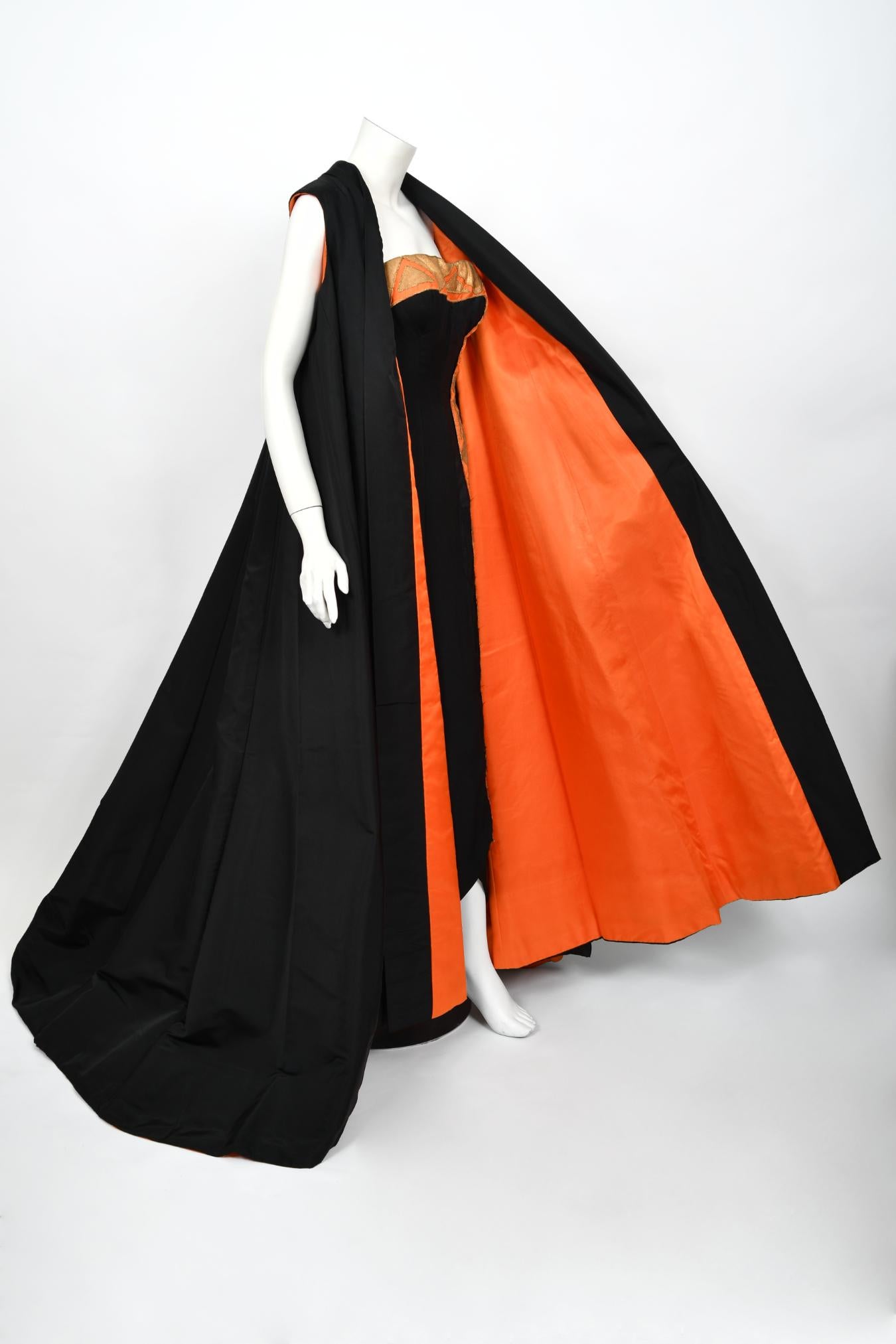 Vintage 1950s Yma Sumac Custom Couture Black Orange Silk Hourglass Gown Ensemble For Sale 5