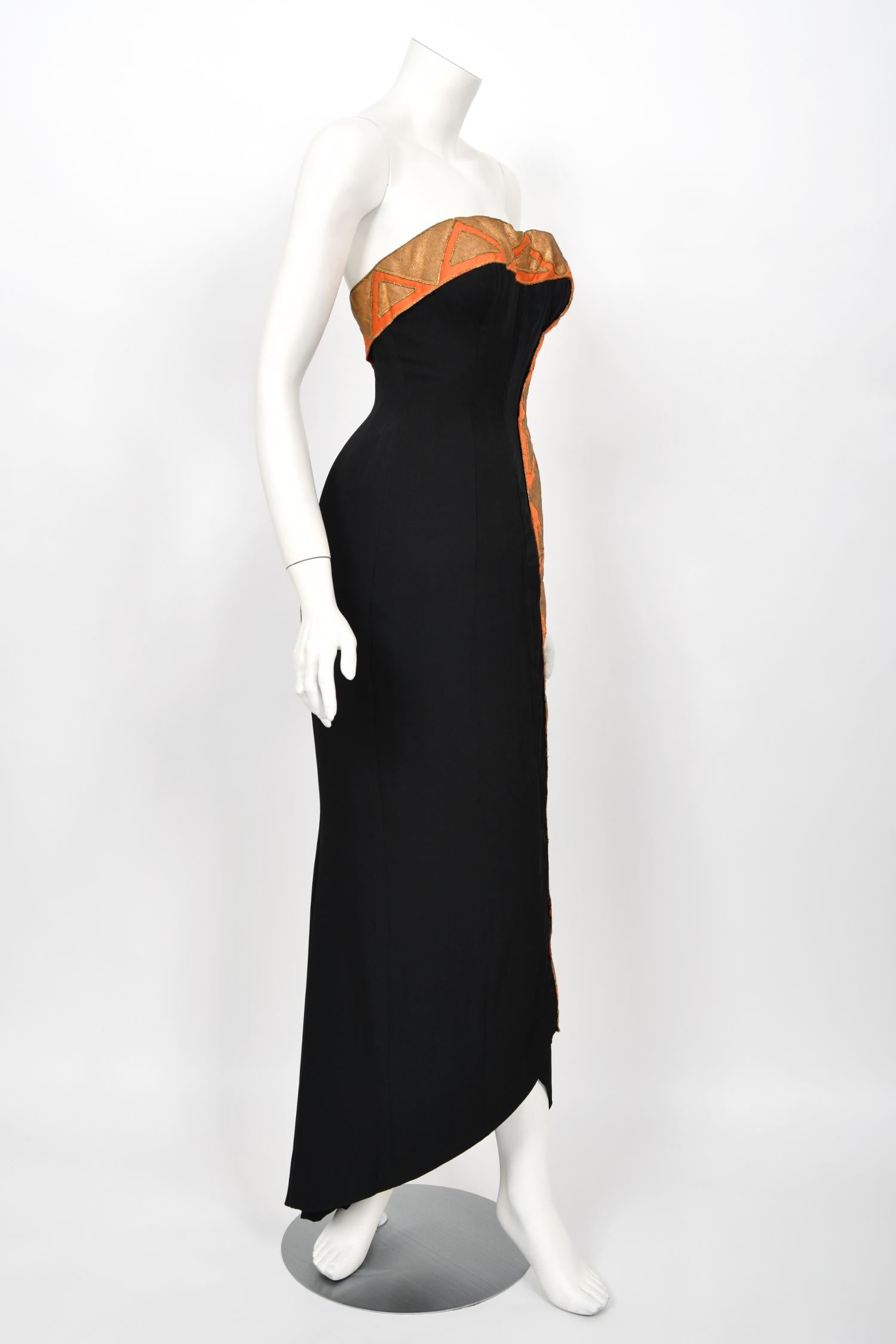 Vintage 1950s Yma Sumac Custom Couture Black Orange Silk Hourglass Gown Ensemble For Sale 6