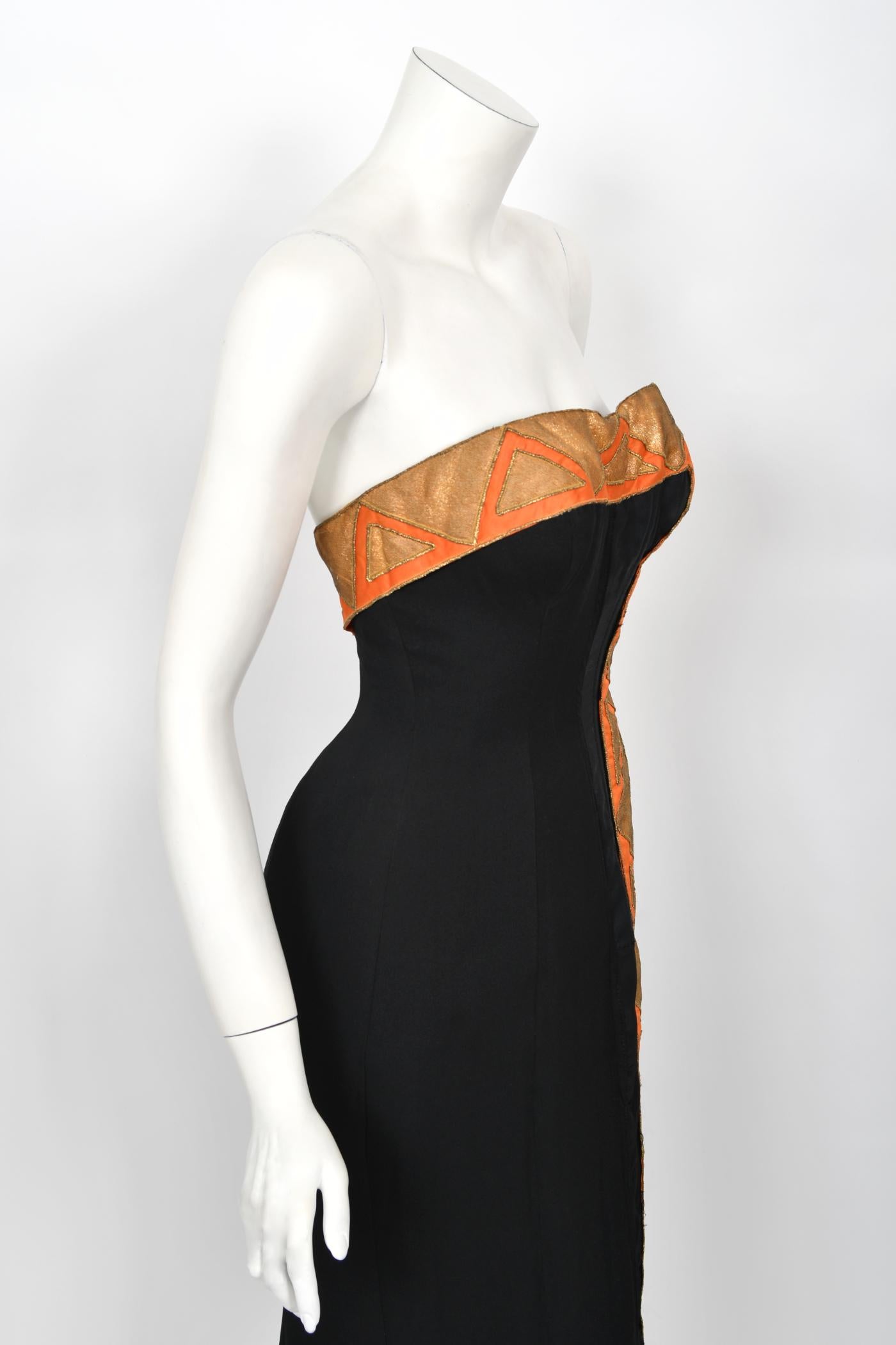 Vintage 1950s Yma Sumac Custom Couture Black Orange Silk Hourglass Gown Ensemble en vente 8