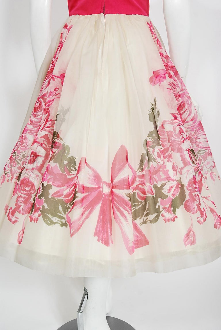 Vintage 1950's Pink Floral Bow Print Silk Ruched Jersey Dress Owned by Yma Sumac For Sale 5