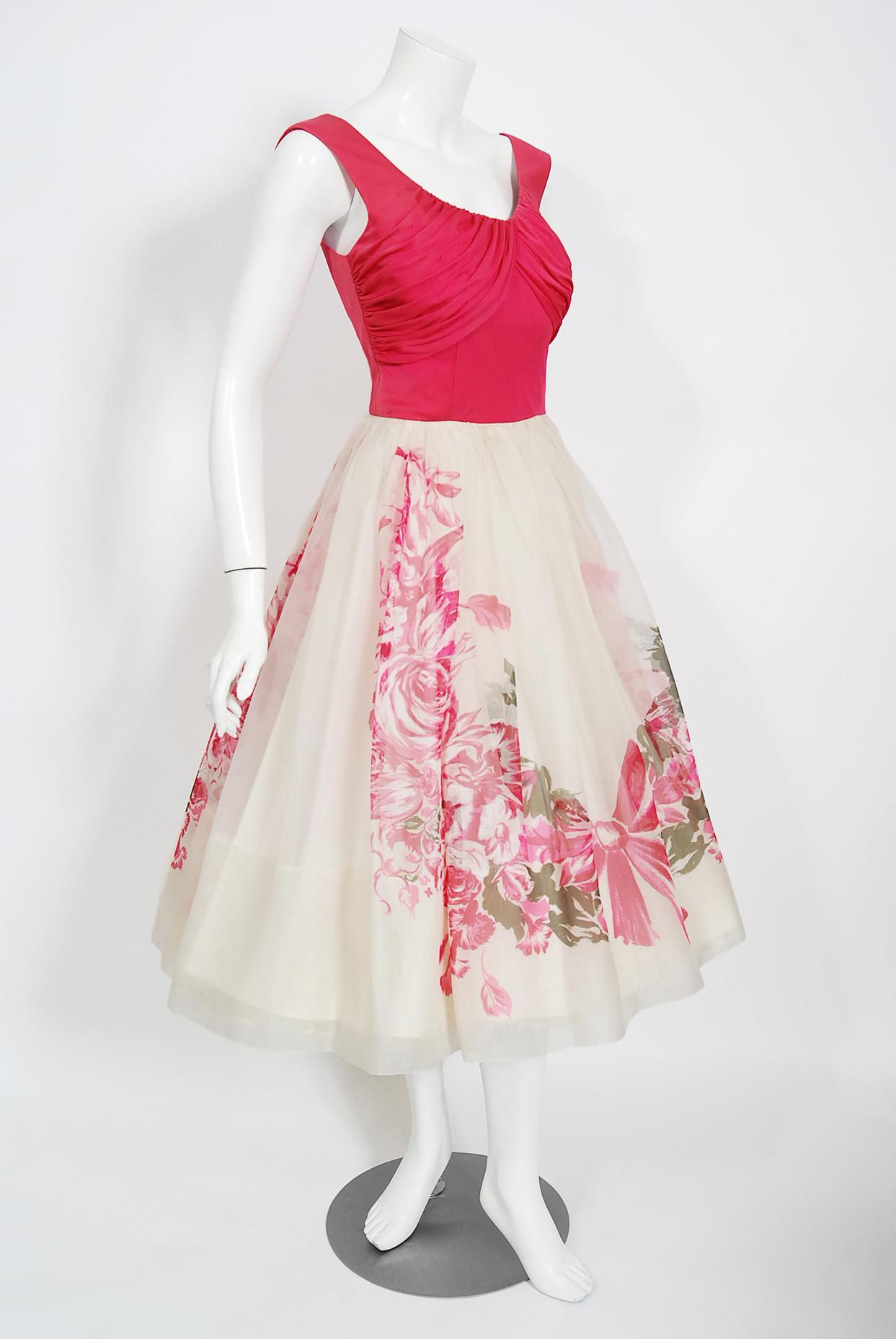 Vintage 1950's Pink Floral Bow Print Silk Ruched Jersey Dress Owned by Yma Sumac In Good Condition In Beverly Hills, CA