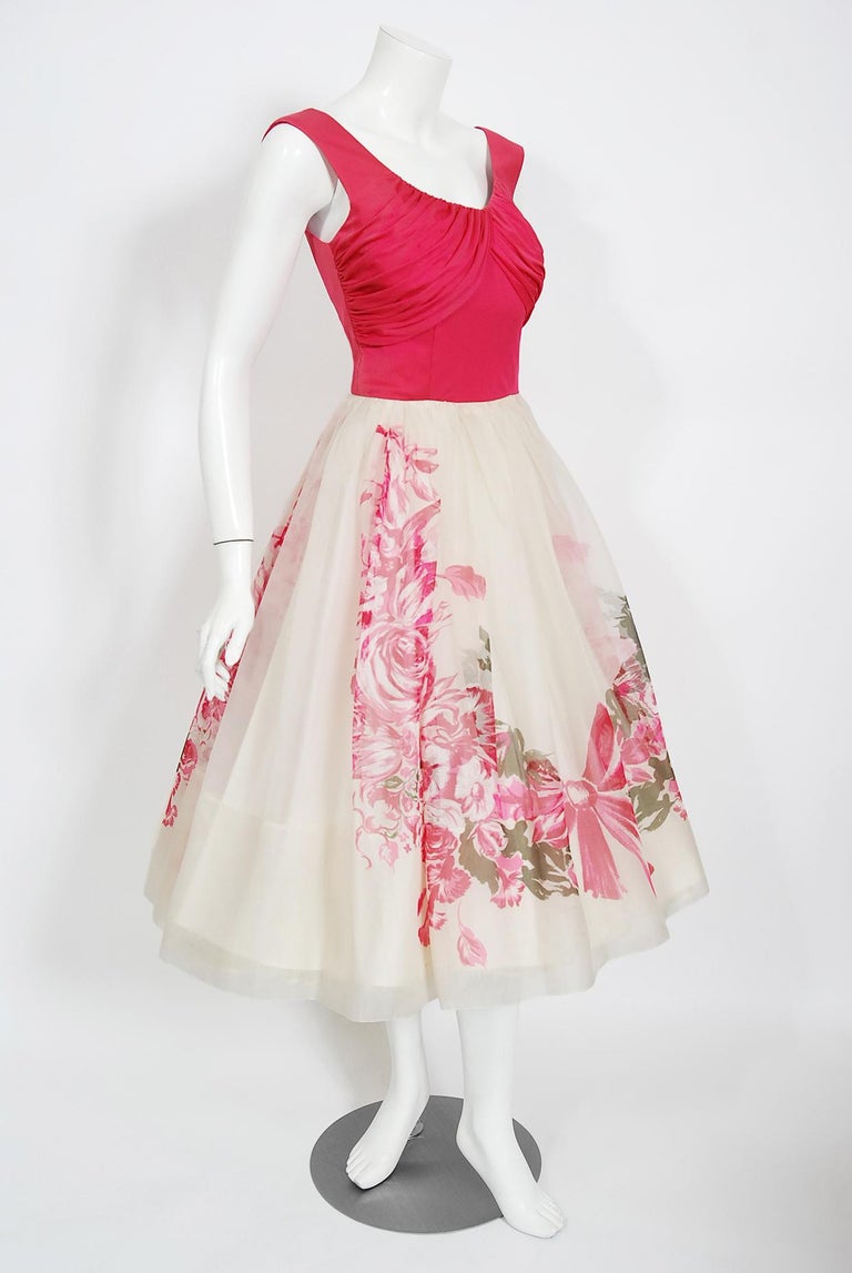 Vintage 1950's Pink Floral Bow Print Silk Ruched Jersey Dress Owned by Yma Sumac In Good Condition For Sale In Beverly Hills, CA