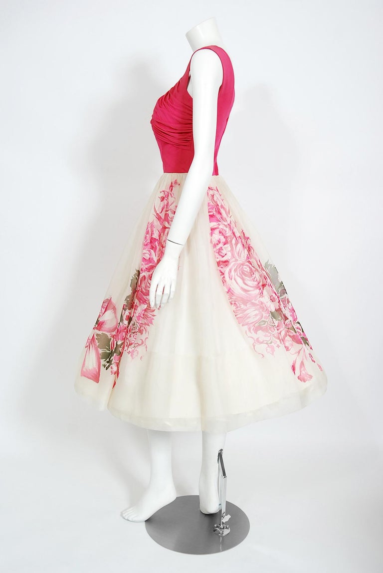 Vintage 1950's Pink Floral Bow Print Silk Ruched Jersey Dress Owned by Yma Sumac For Sale 1