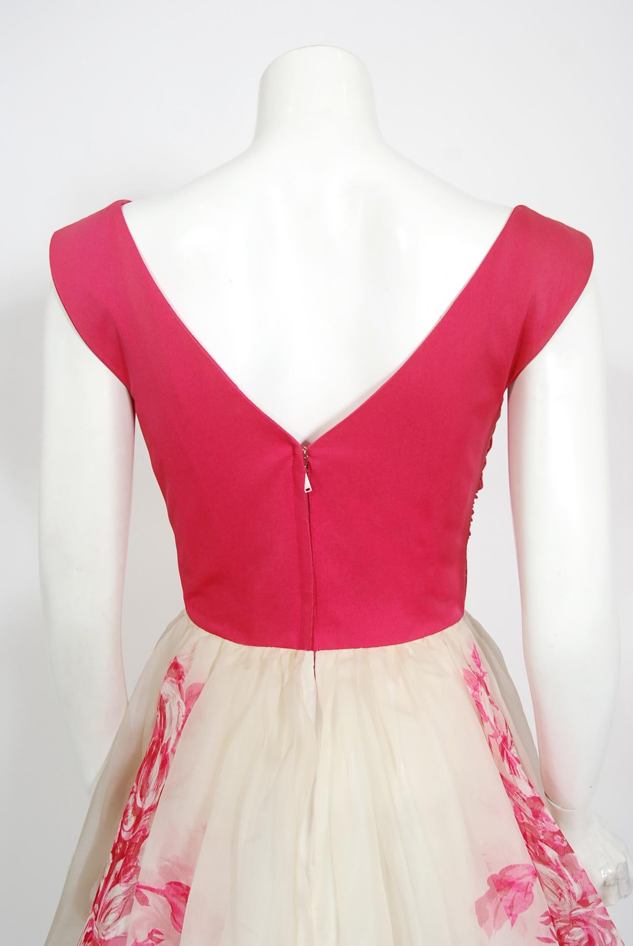 Vintage 1950's Pink Floral Bow Print Silk Ruched Jersey Dress Owned by Yma Sumac 4