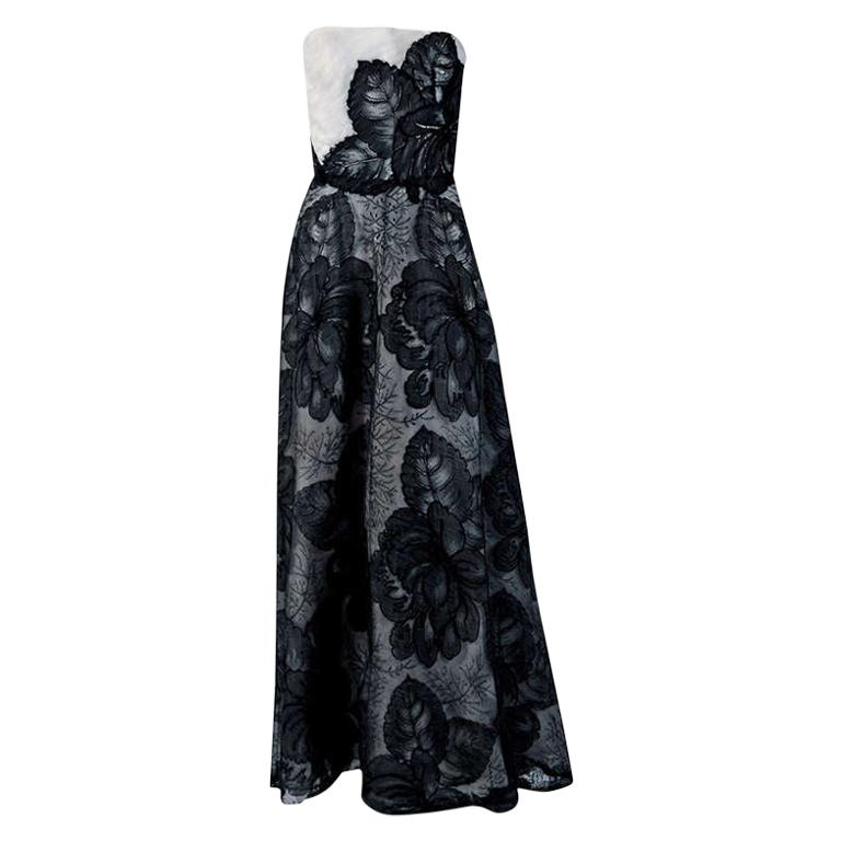 Vintage 1951 Hattie Carnegie Black White Lace Illusion Asymmetric Strapless Gown