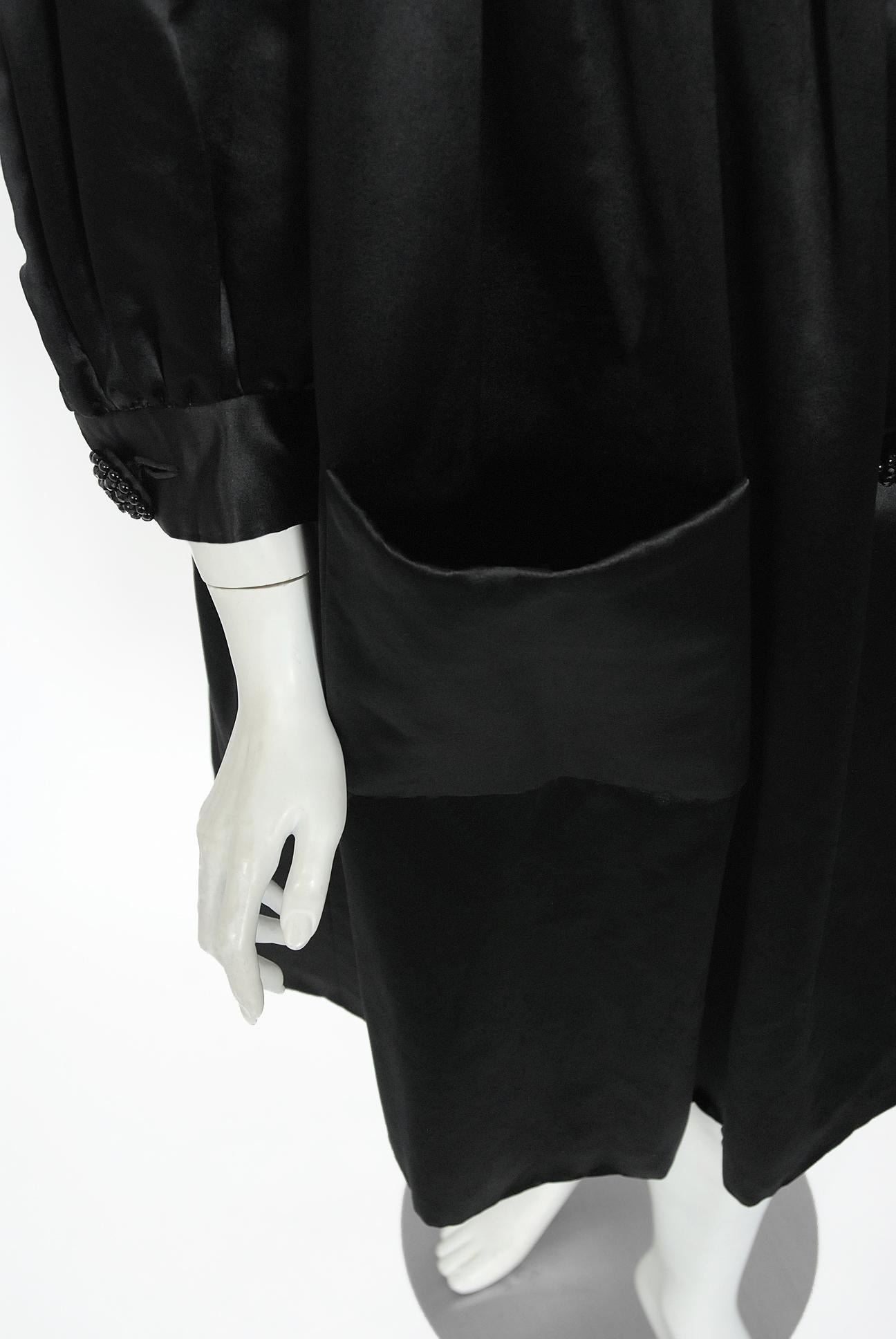 Vintage 1951 Traina-Norell Couture Black Duchess Satin Voluminous Pleated Coat For Sale 3