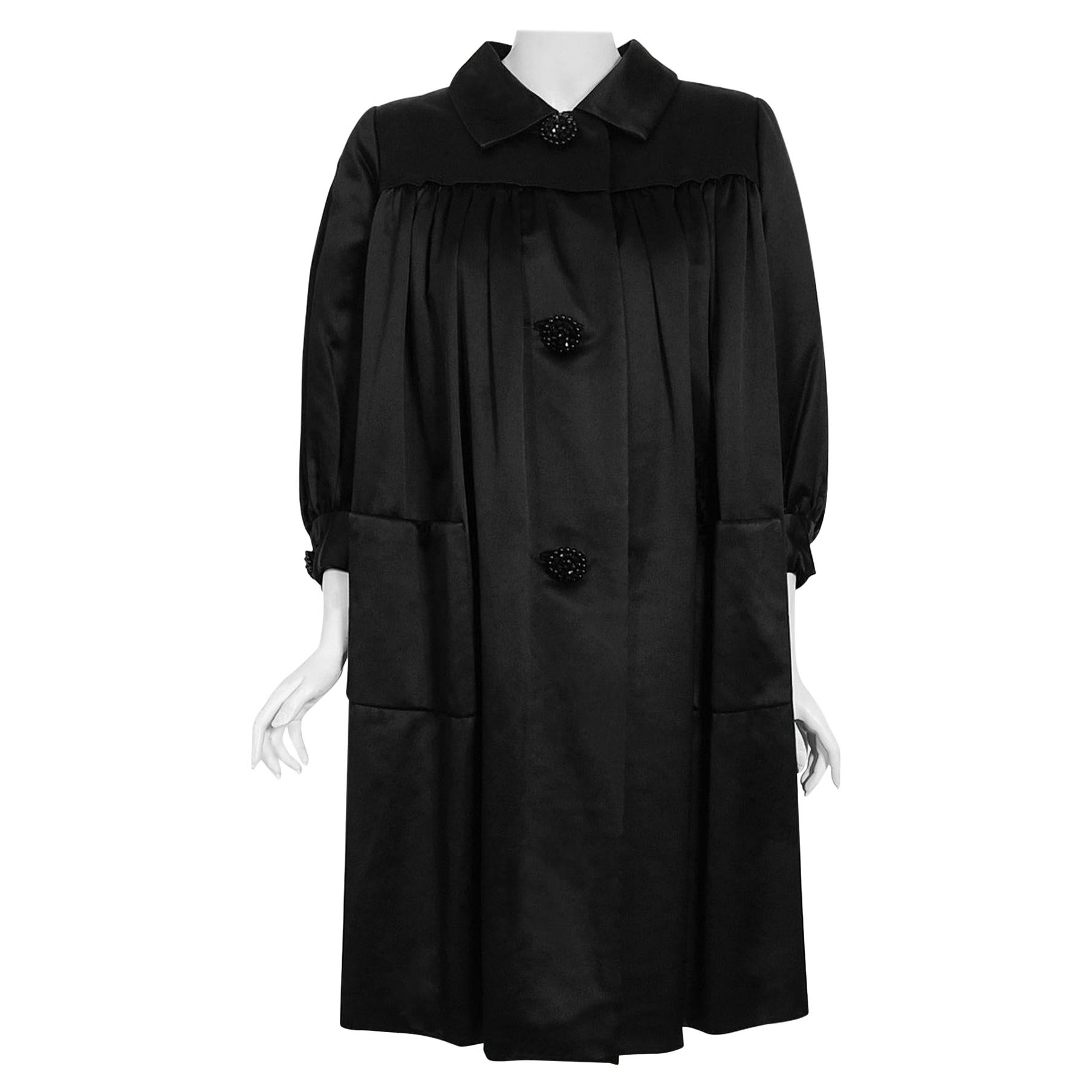 Vintage 1951 Traina-Norell Couture Black Duchess Satin Voluminous Pleated Coat