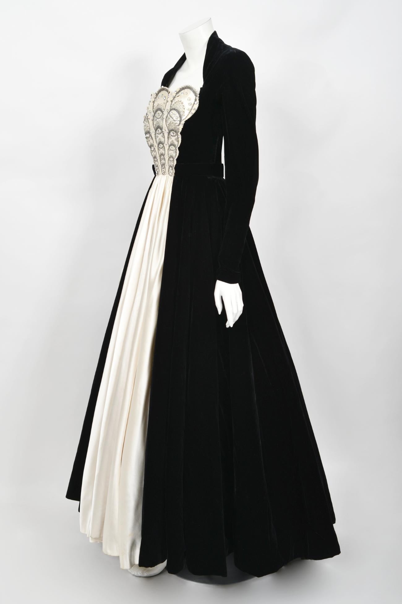 Vintage 1952 Nina Ricci Haute Couture Documented Ivory Satin & Black Velvet Gown 1