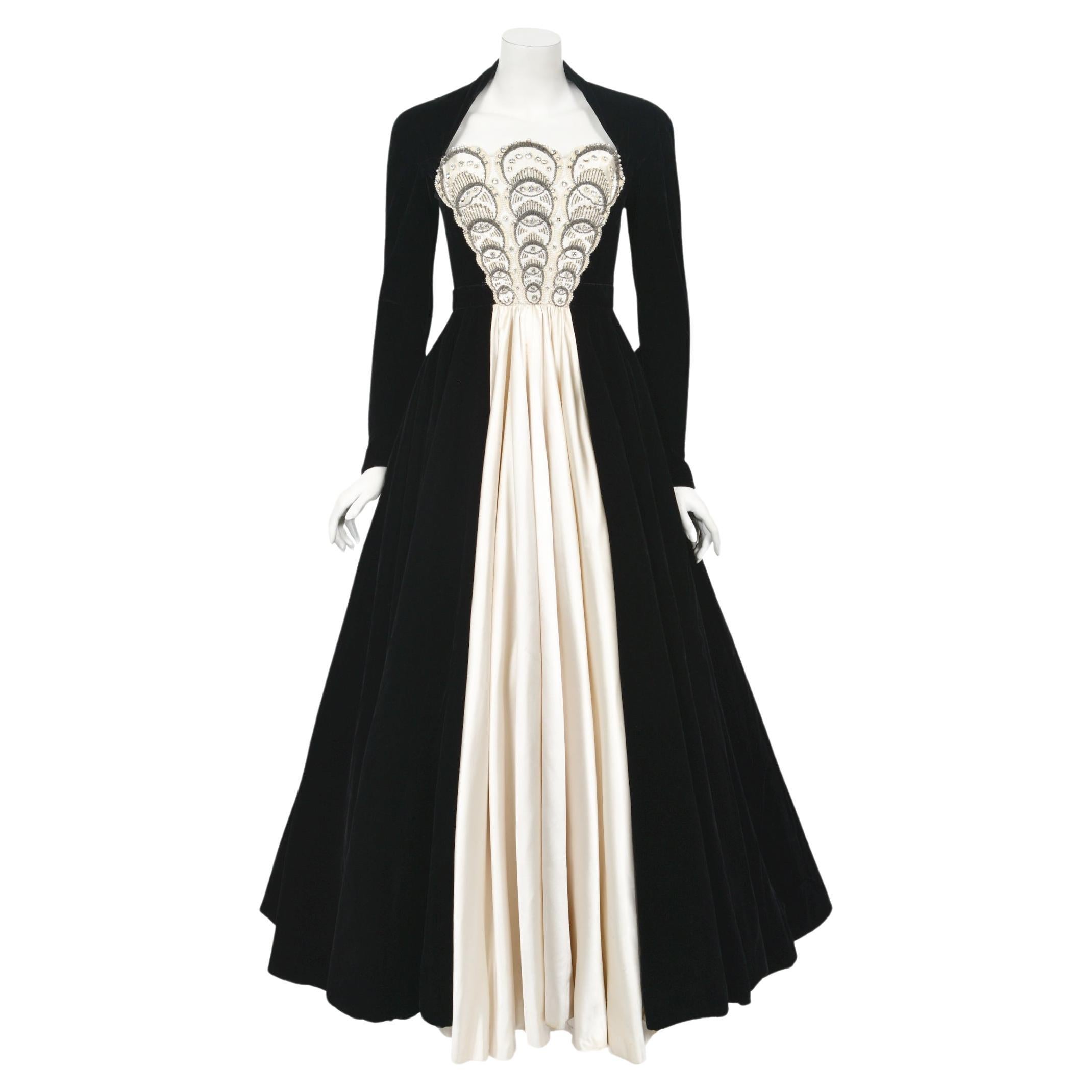 Vintage 1952 Nina Ricci Haute Couture Documented Ivory Satin & Black Velvet Gown