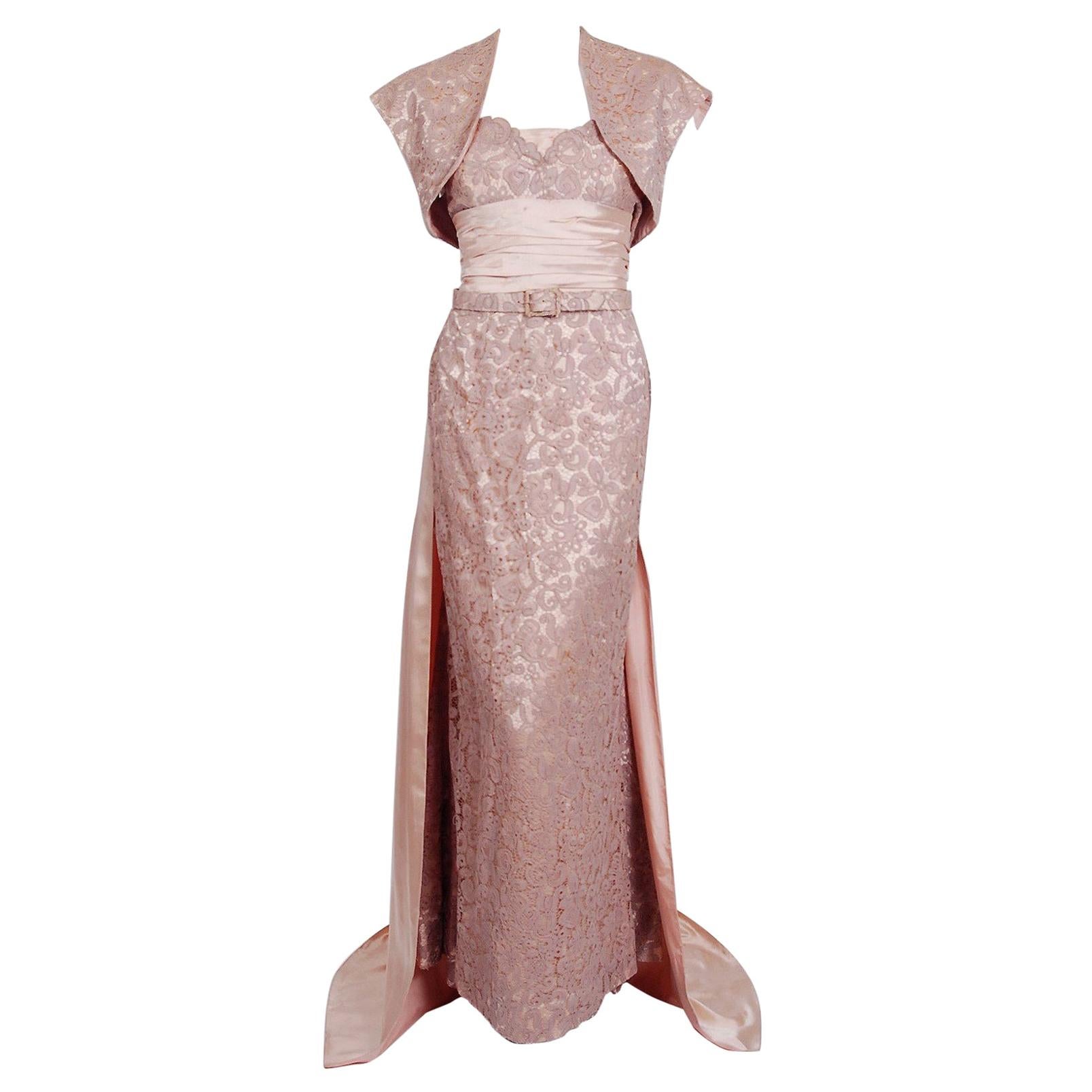 Vintage 1952 Pierre Balmain Couture Pale-Pink Silk Lace Strapless Trained Gown 