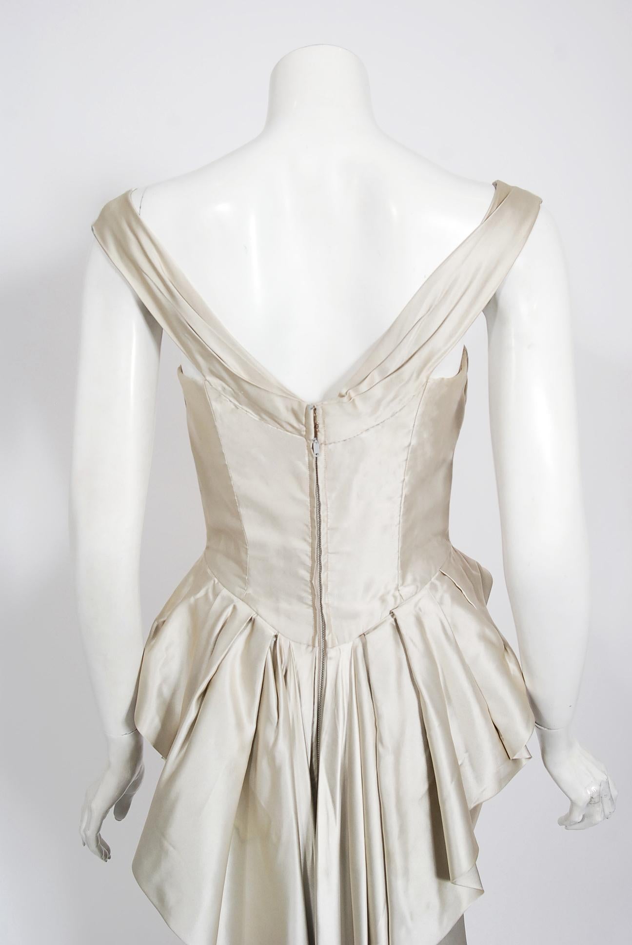 Vintage 1954 Ceil Chapman dokumentiert Silber Seide Sanduhr Wasserfall Bustle Kleid 6