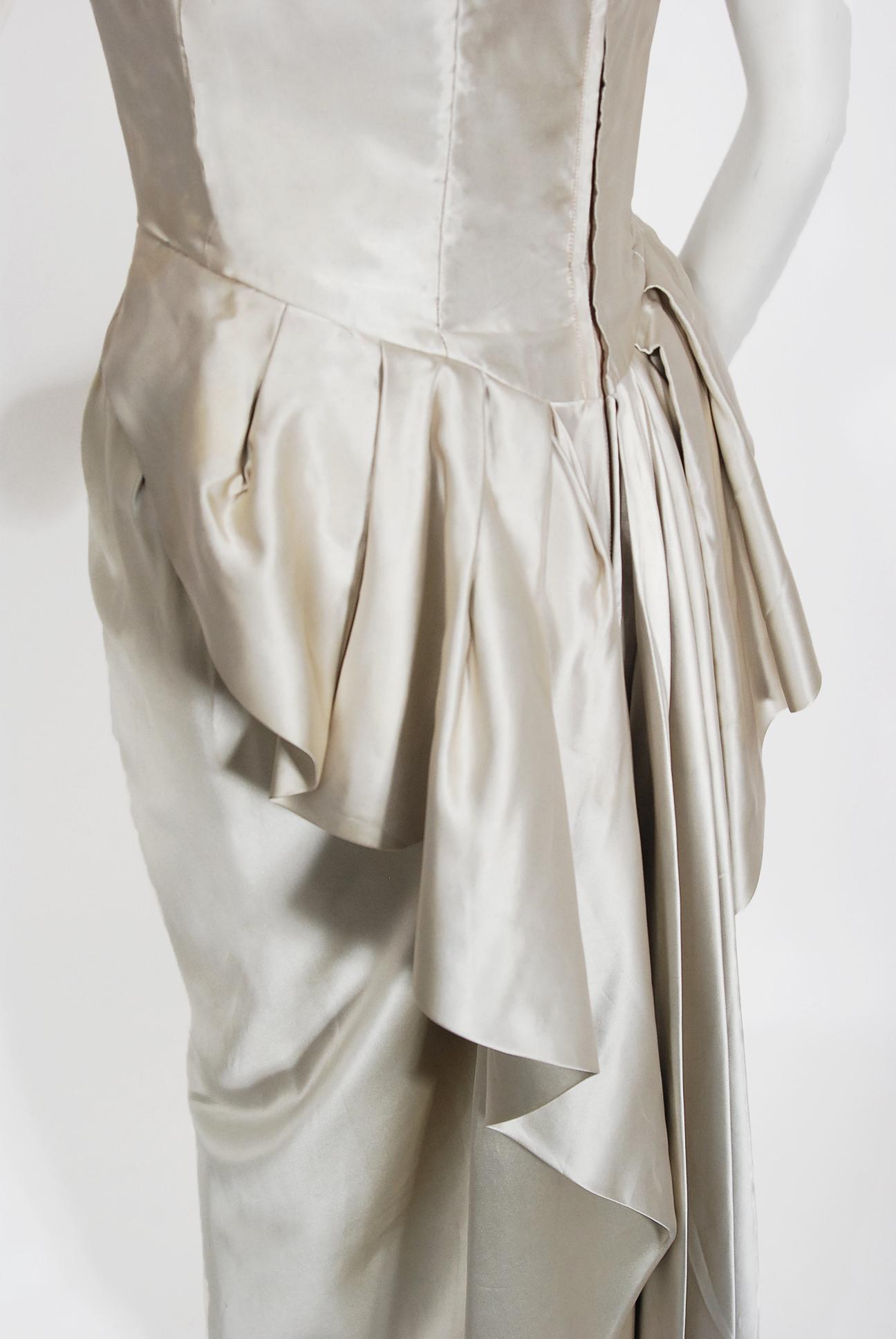 Vintage 1954 Ceil Chapman dokumentiert Silber Seide Sanduhr Wasserfall Bustle Kleid 7