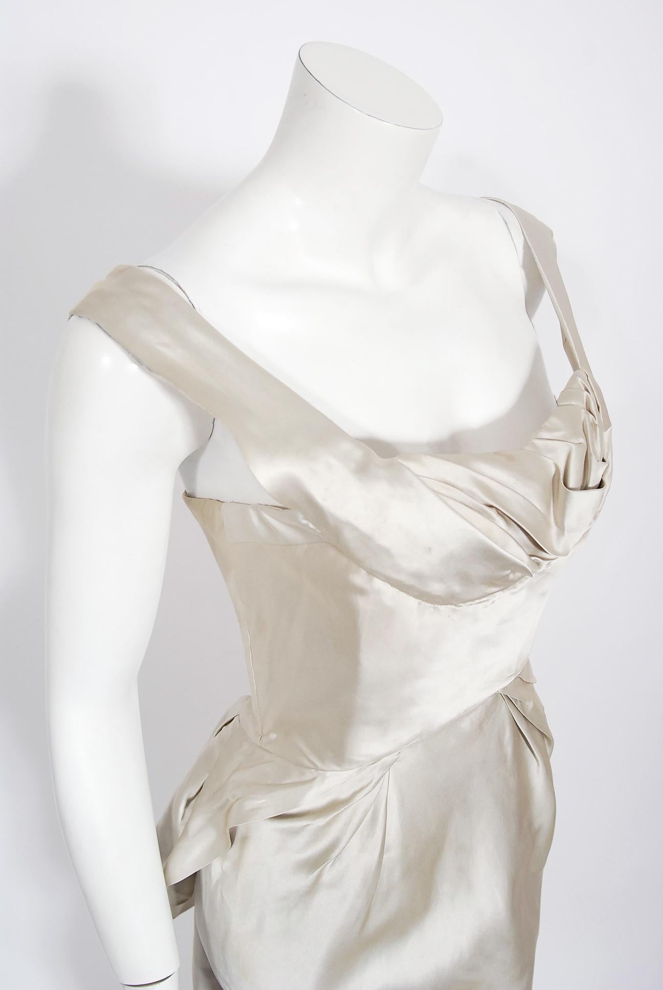 Vintage 1954 Ceil Chapman Documented Silver Silk Hourglass Waterfall Bustle Gown In Fair Condition In Beverly Hills, CA