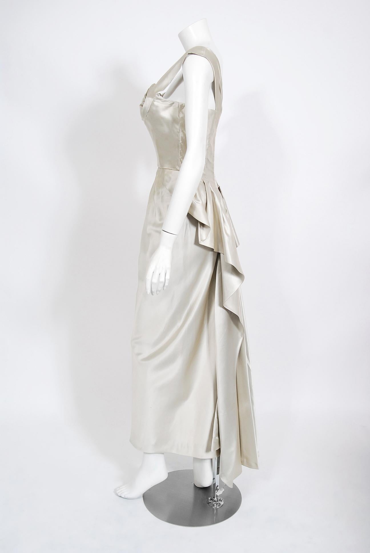 Women's Vintage 1954 Ceil Chapman Documented Silver Silk Hourglass Waterfall Bustle Gown