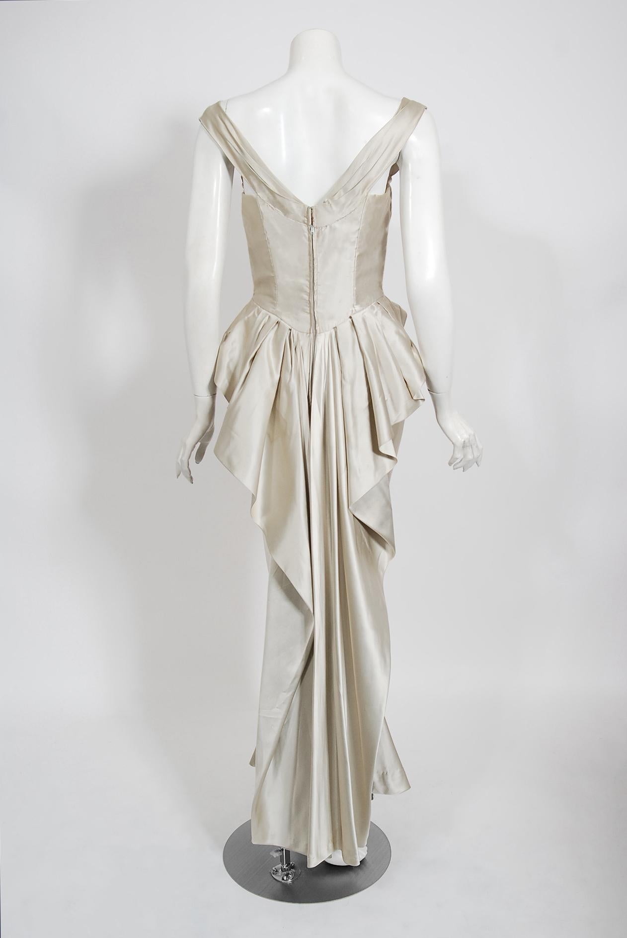 Vintage 1954 Ceil Chapman Documented Silver Silk Hourglass Waterfall Bustle Gown 2