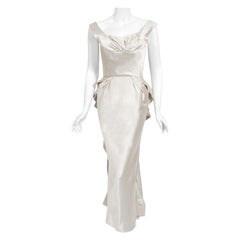 Vintage 1954 Ceil Chapman dokumentiert Silber Seide Sanduhr Wasserfall Bustle Kleid
