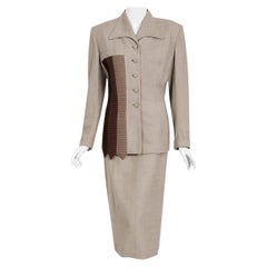 Vintage 1954 Lilli-Ann Documented Dove Gray Pintuck Stripe Jacket Hourglass Suit