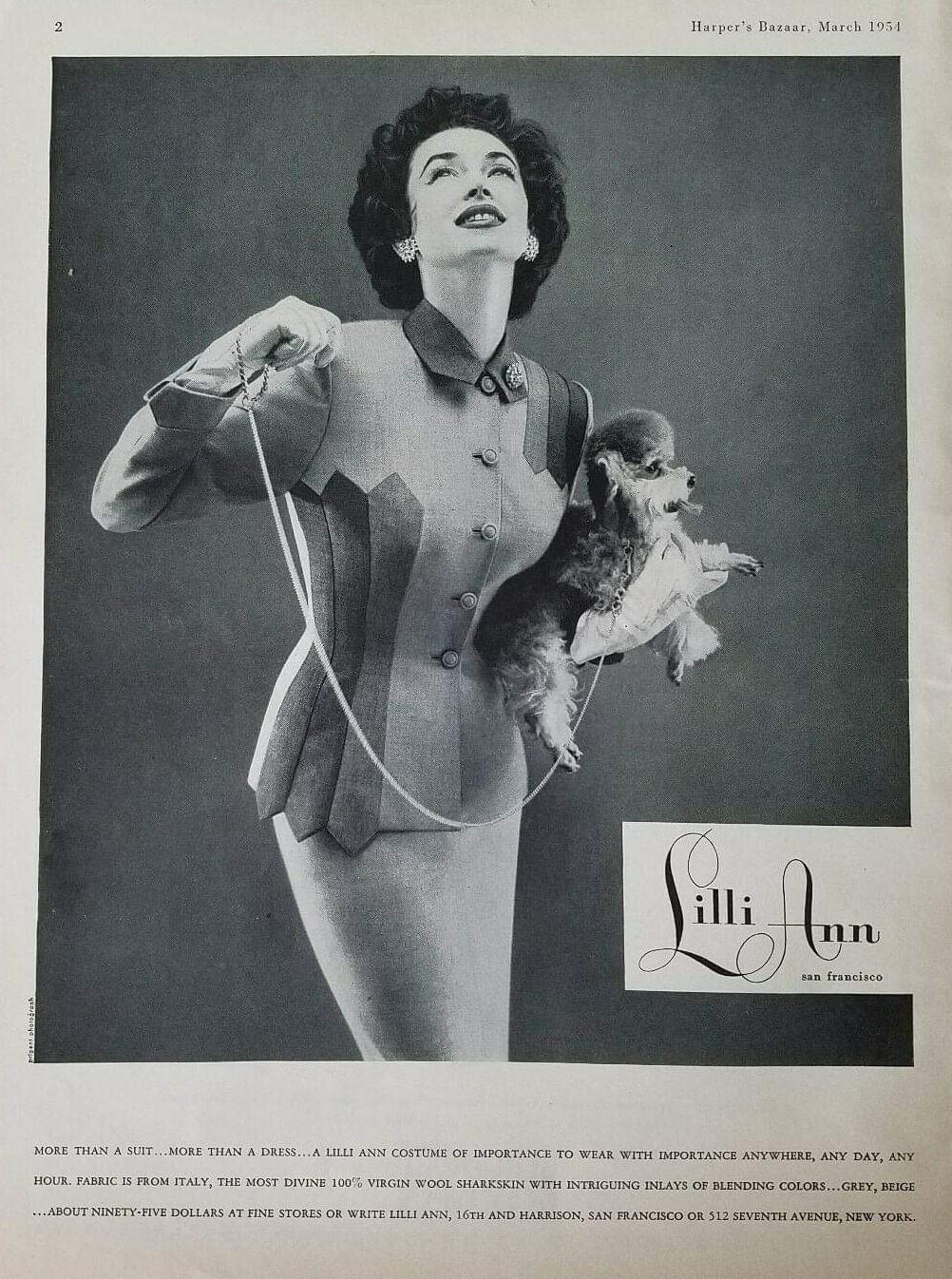 A rare and absolutely stunning Lilli-Ann designer two piece suit dating back to their 1954 collection. Lilli Ann was started in San Francisco in 1933 by Adolph Schuman, naming his company for his wife, Lillian. The company became known for their