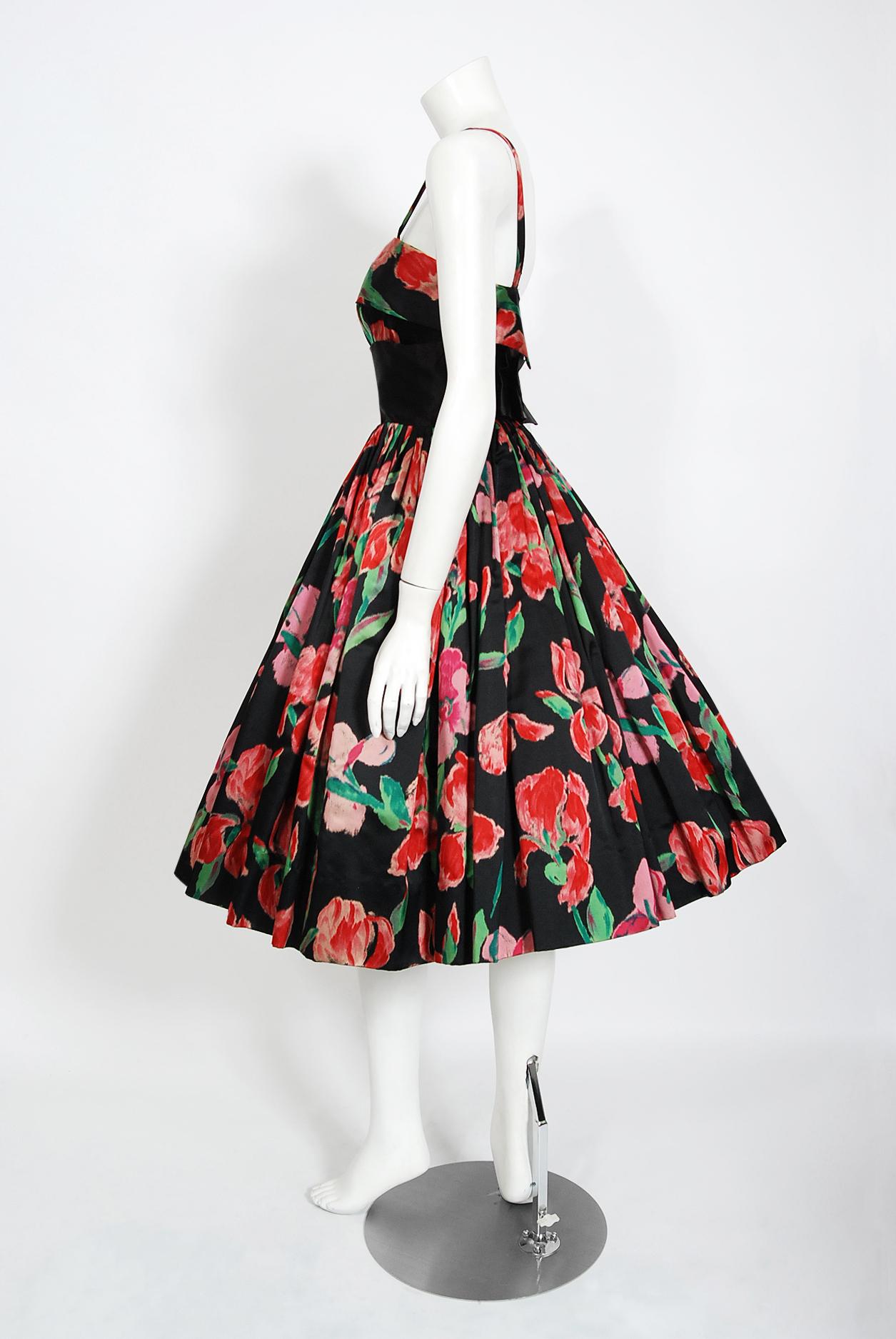 Vintage 1950's Traina-Norell Couture Watercolor Iris Floral Print Satin Dress In Good Condition For Sale In Beverly Hills, CA