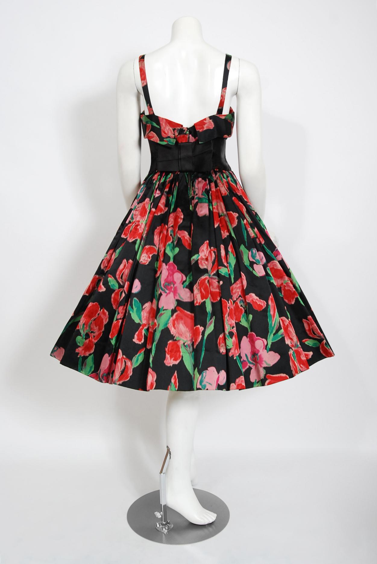 Women's Vintage 1950's Traina-Norell Couture Watercolor Iris Floral Print Satin Dress For Sale