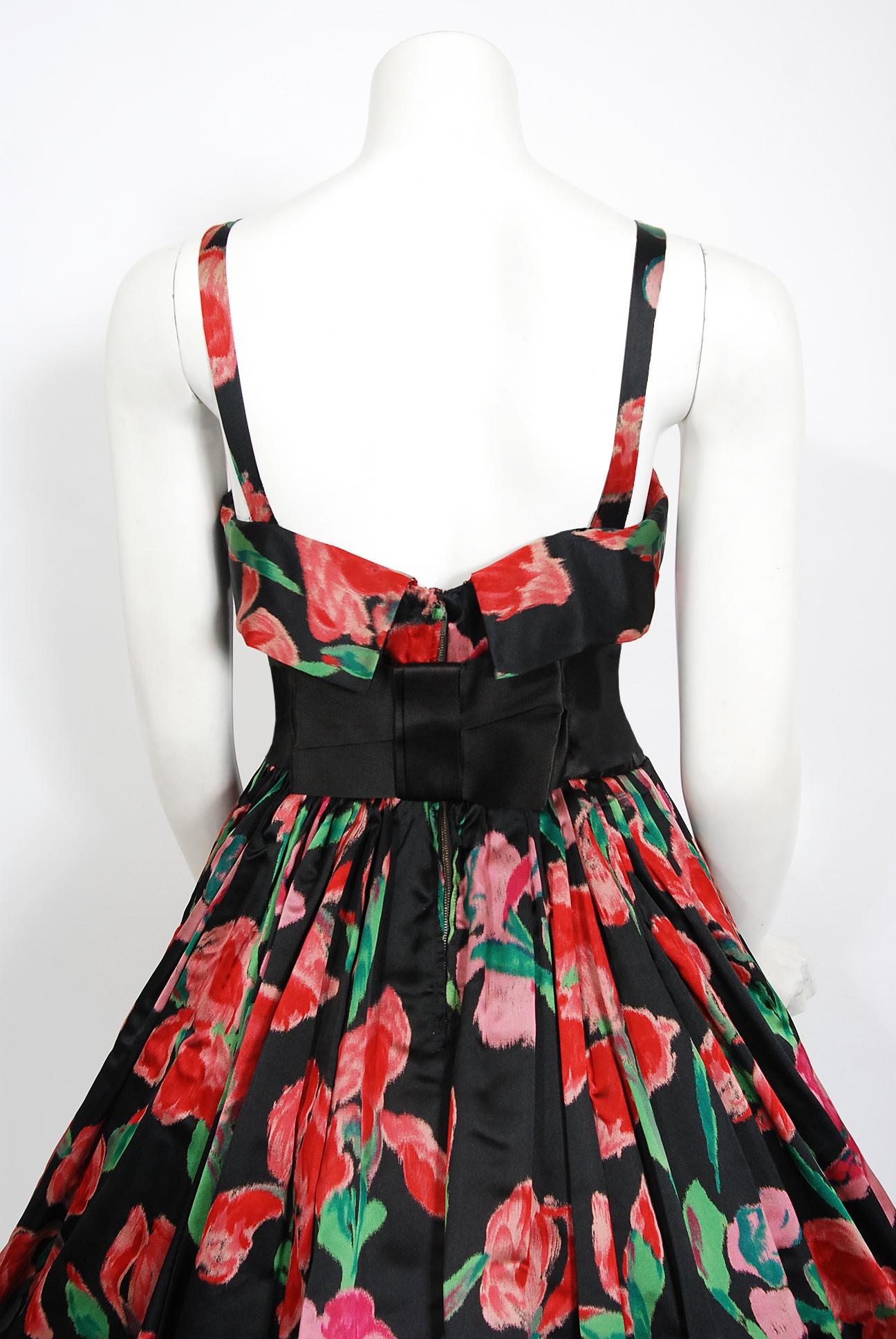 Vintage 1950's Traina-Norell Couture Watercolor Iris Floral Print Satin Dress For Sale 1
