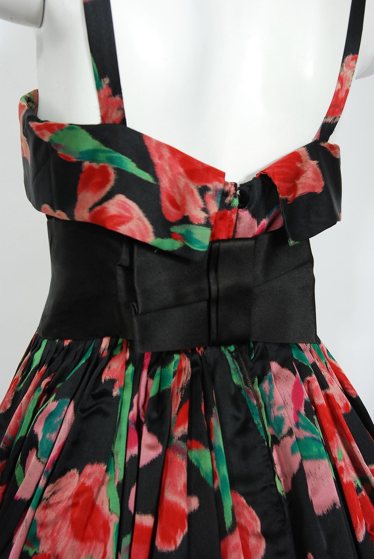 Vintage 1950's Traina-Norell Couture Watercolor Iris Floral Print Satin Dress For Sale 2