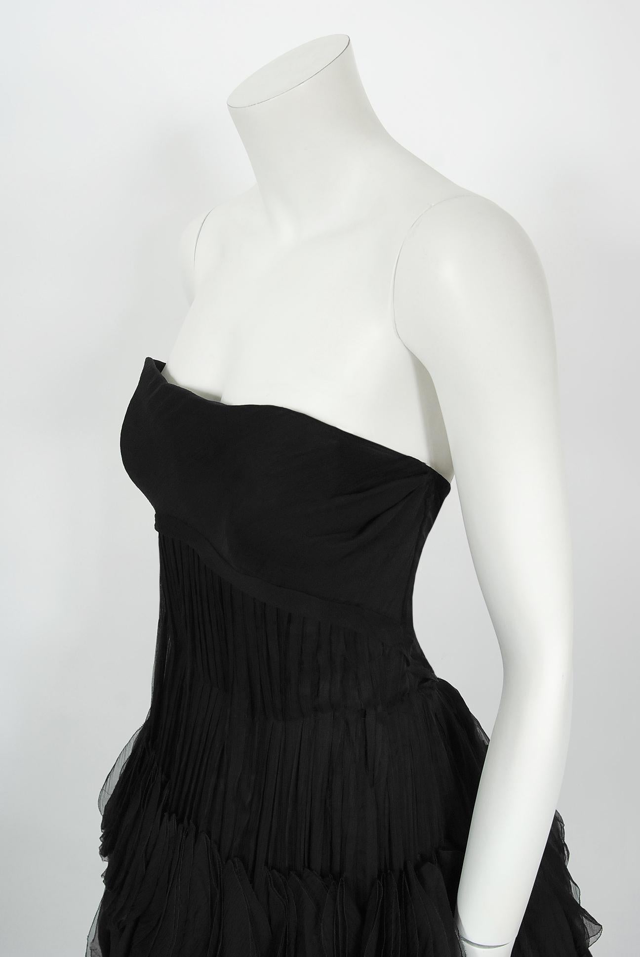 Vintage 1955 Jean Dessès Haute Couture Documented Black Silk-Chiffon Petal Dress In Fair Condition For Sale In Beverly Hills, CA