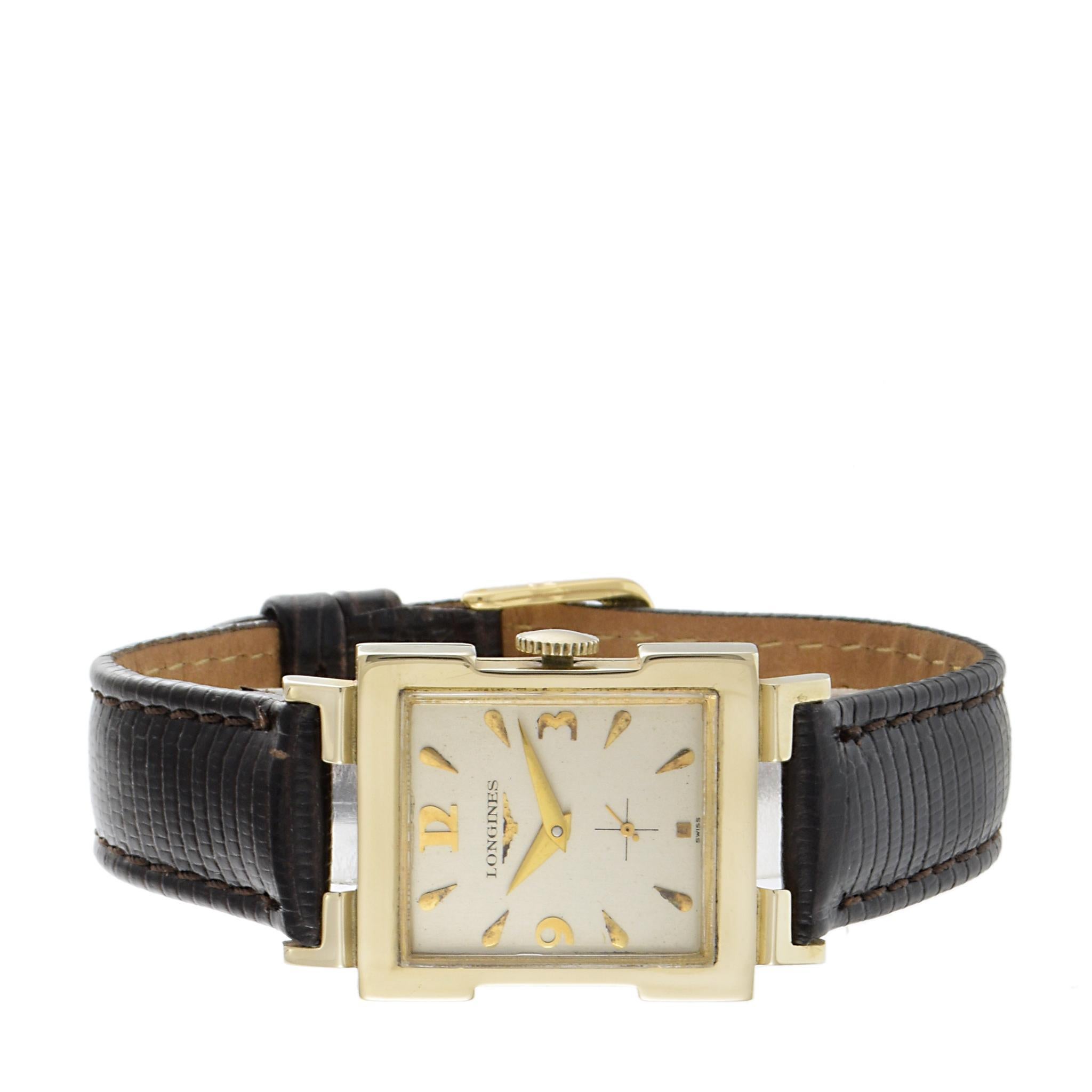 Women's or Men's Vintage 1955 Longines 14K Yellow Gold Rectangular Dress Watch For Sale