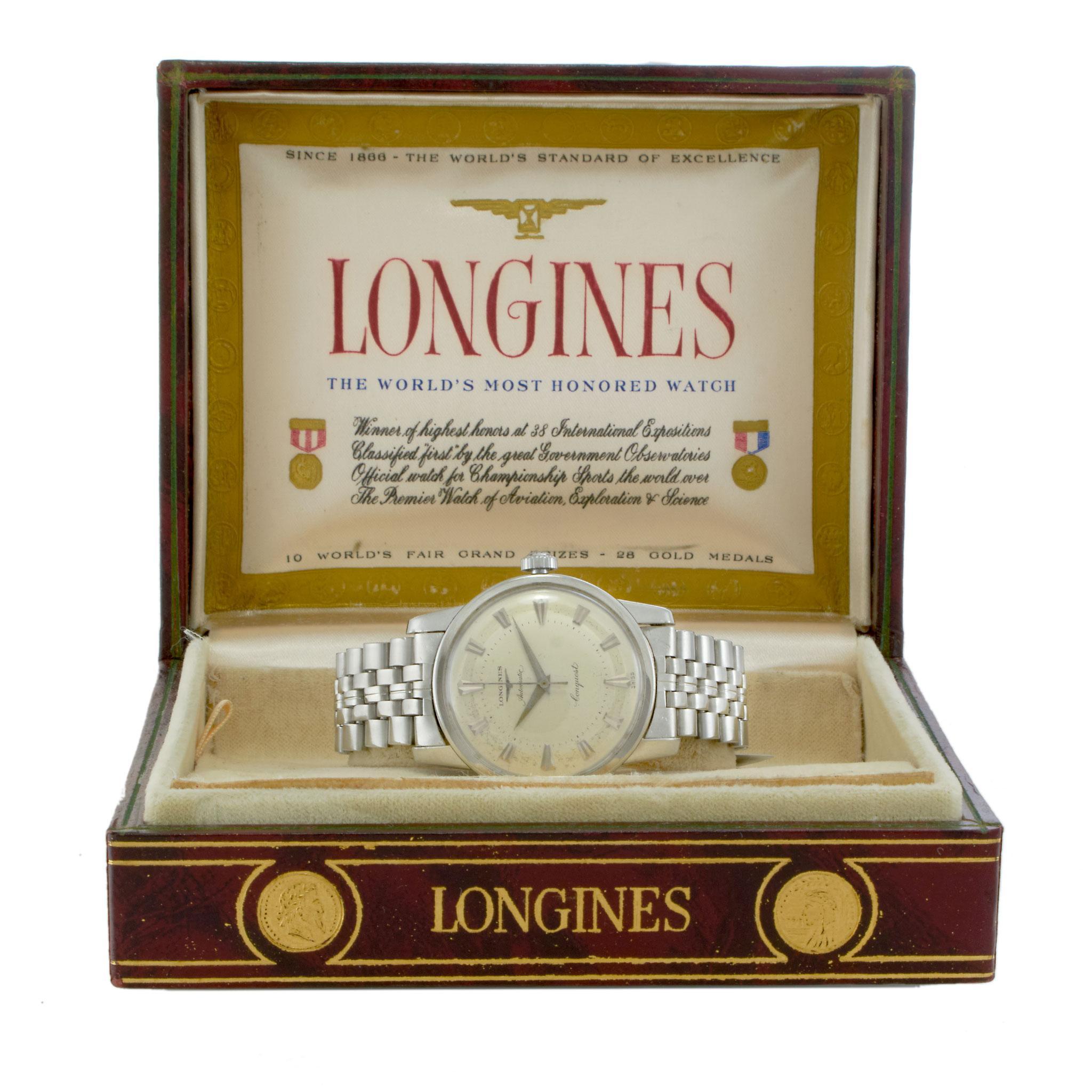 Vintage 1955 Longines Conquest Ref. 9000 Automatikuhr aus Edelstahl im Zustand „Gut“ im Angebot in New York, NY