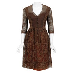 Vintage 1955 Maggy Rouff Haute Couture Brown Sheer Illusion Chantilly Lace Dress