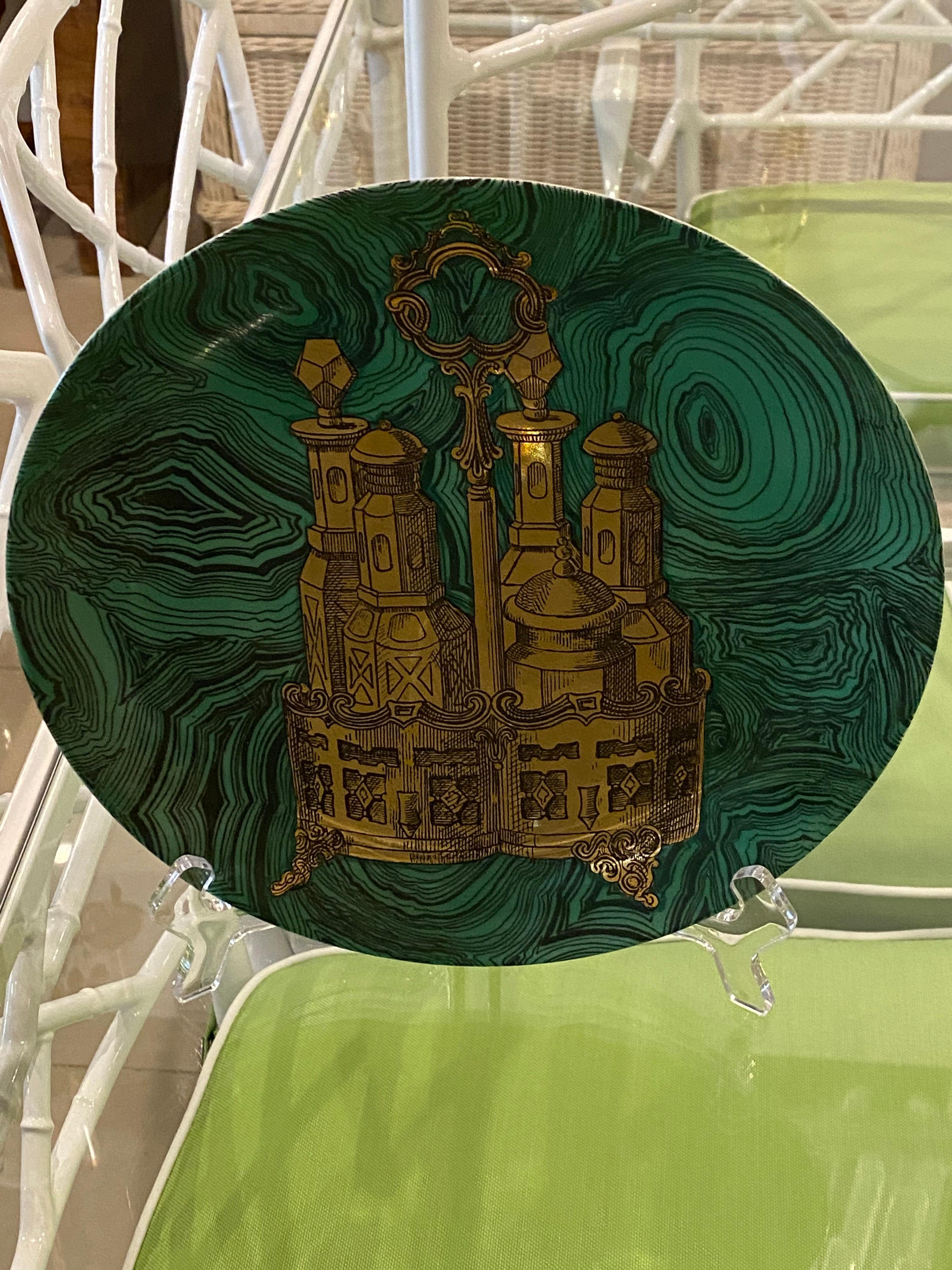 Vintage 1955 Piero Fornasetti Set of 6 Malachite Green & Gold Plates 3